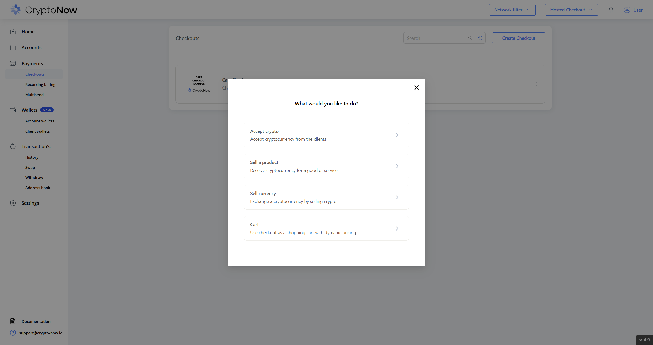 Checkout type selector: Accept crypto, Sell a product, Sell currency, Cart