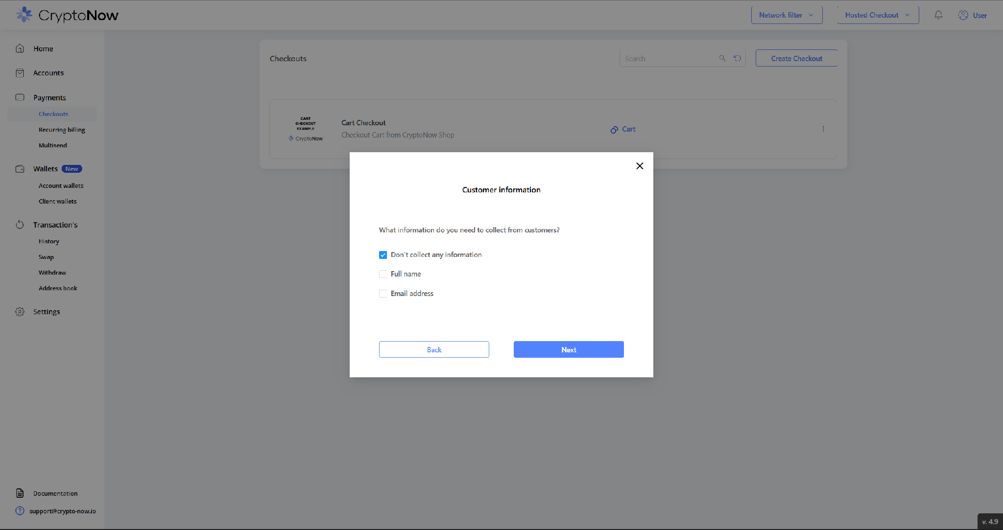 Customer information step with Don't collect / Full name / Email options