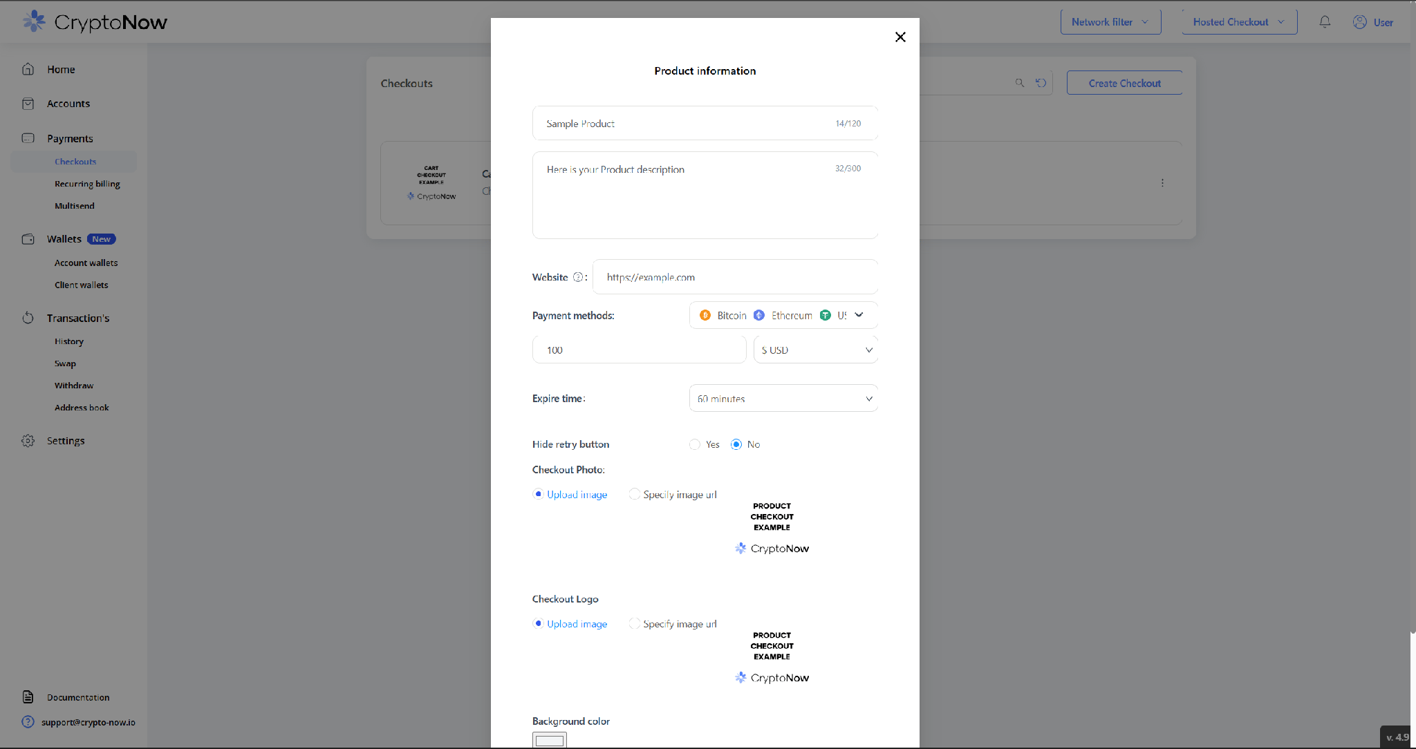 Filled Sell a product checkout form with sample values