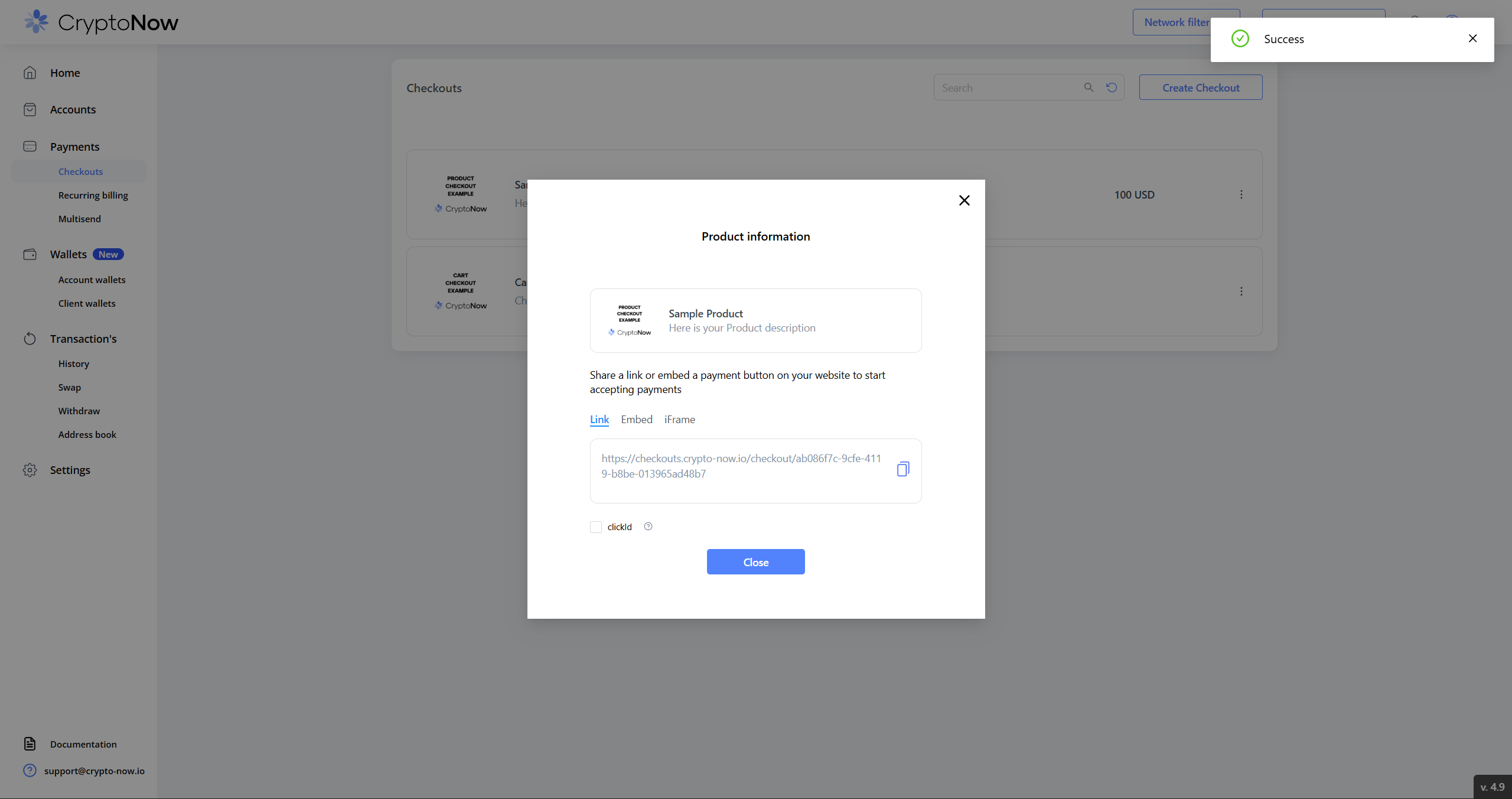 Share panel with Link, Embed, iFrame tabs and clickId checkbox