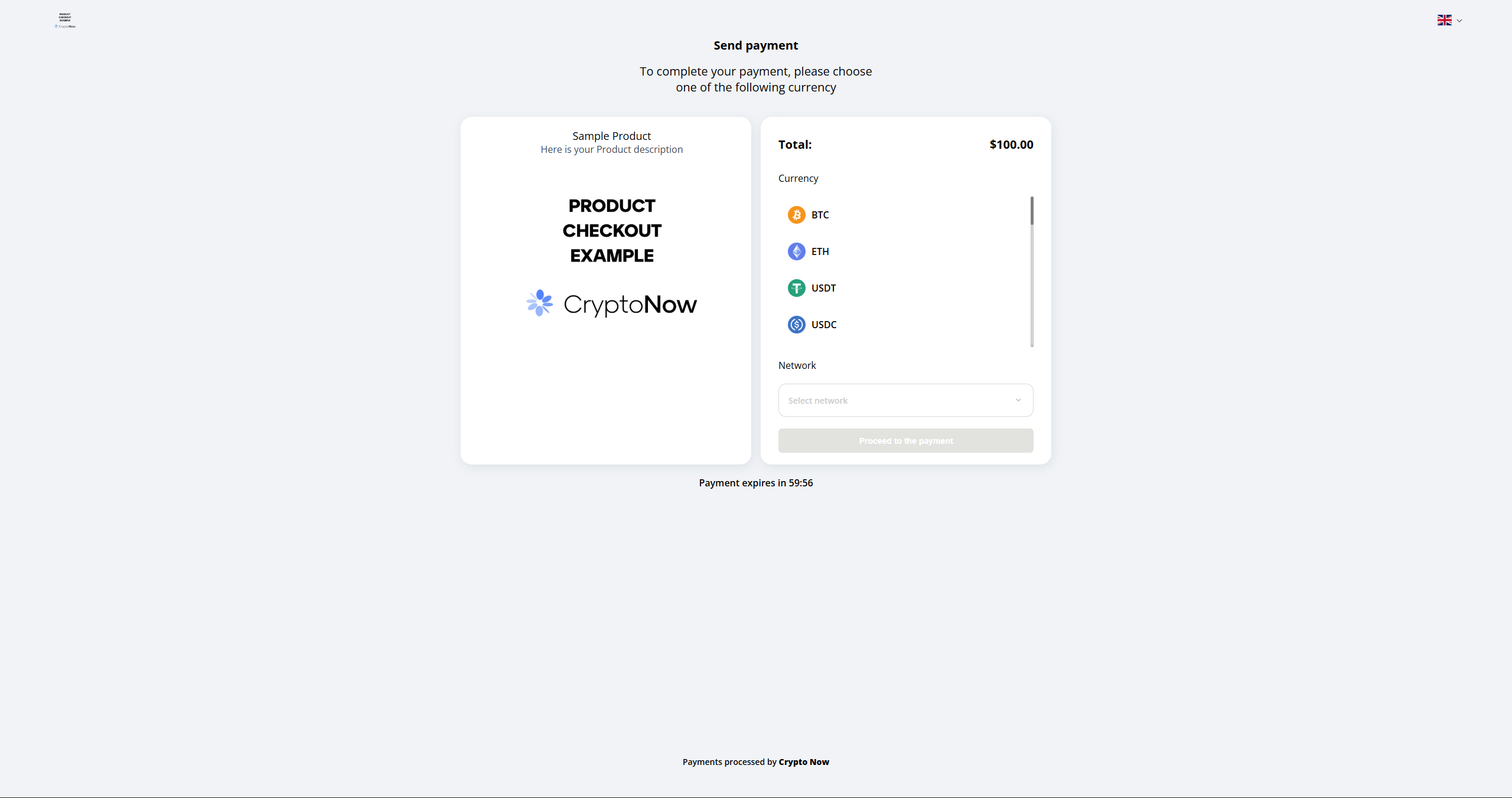 Customer-facing Send payment widget showing total and currency choices