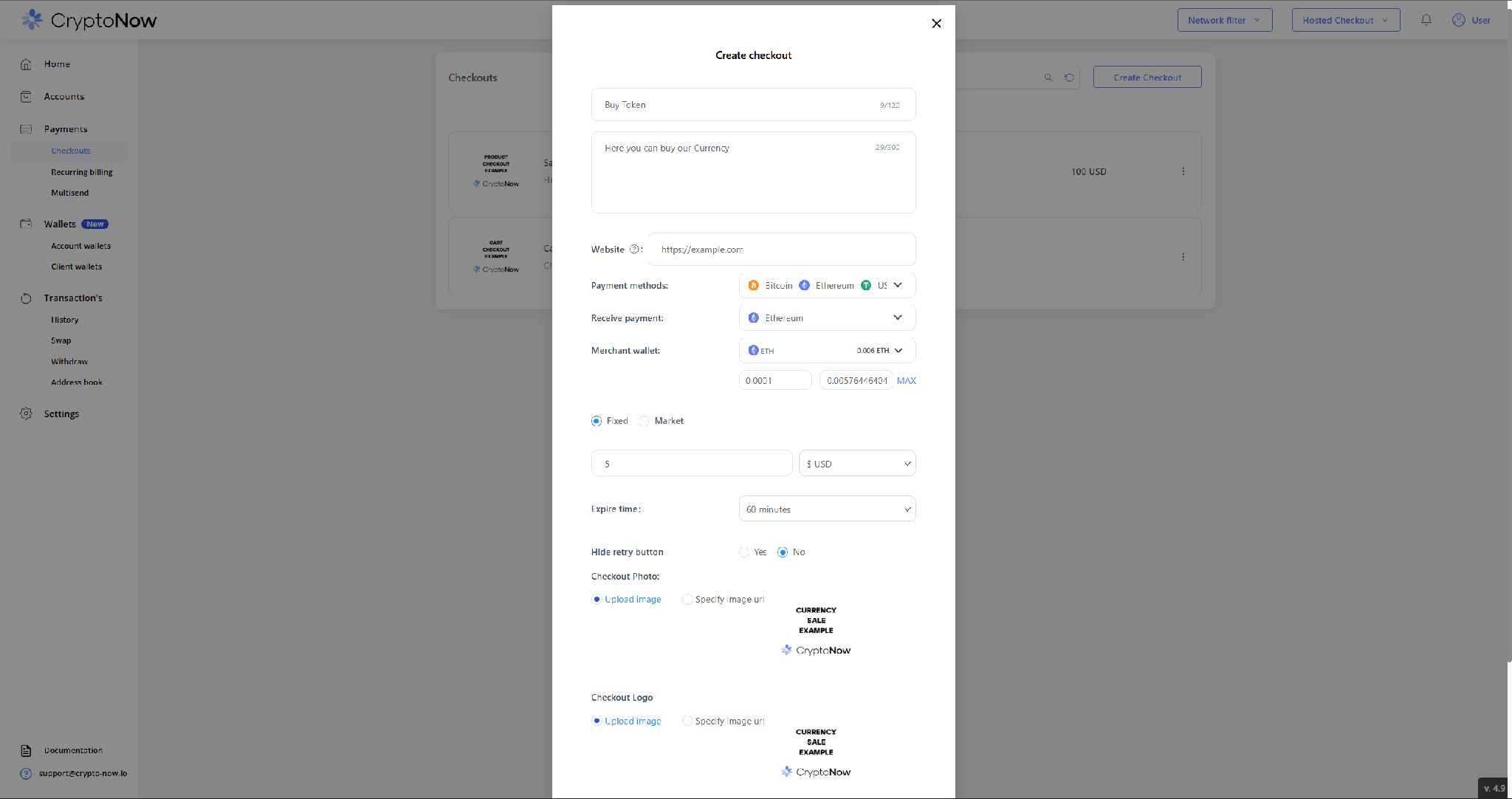 Sell currency checkout form with you-send/you-get, min/max, fixed/market