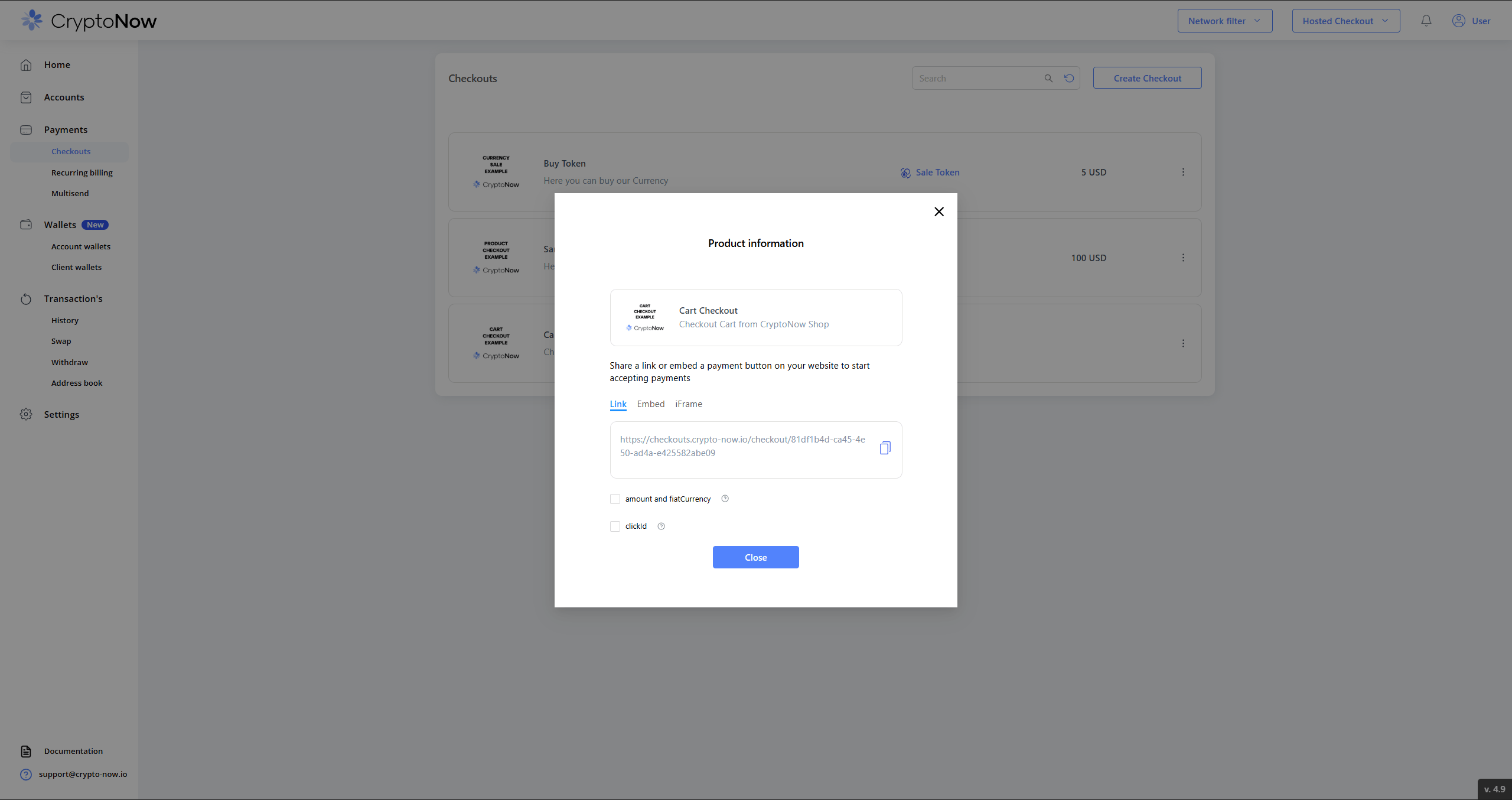Cart share panel with amount and fiatCurrency and clickId options