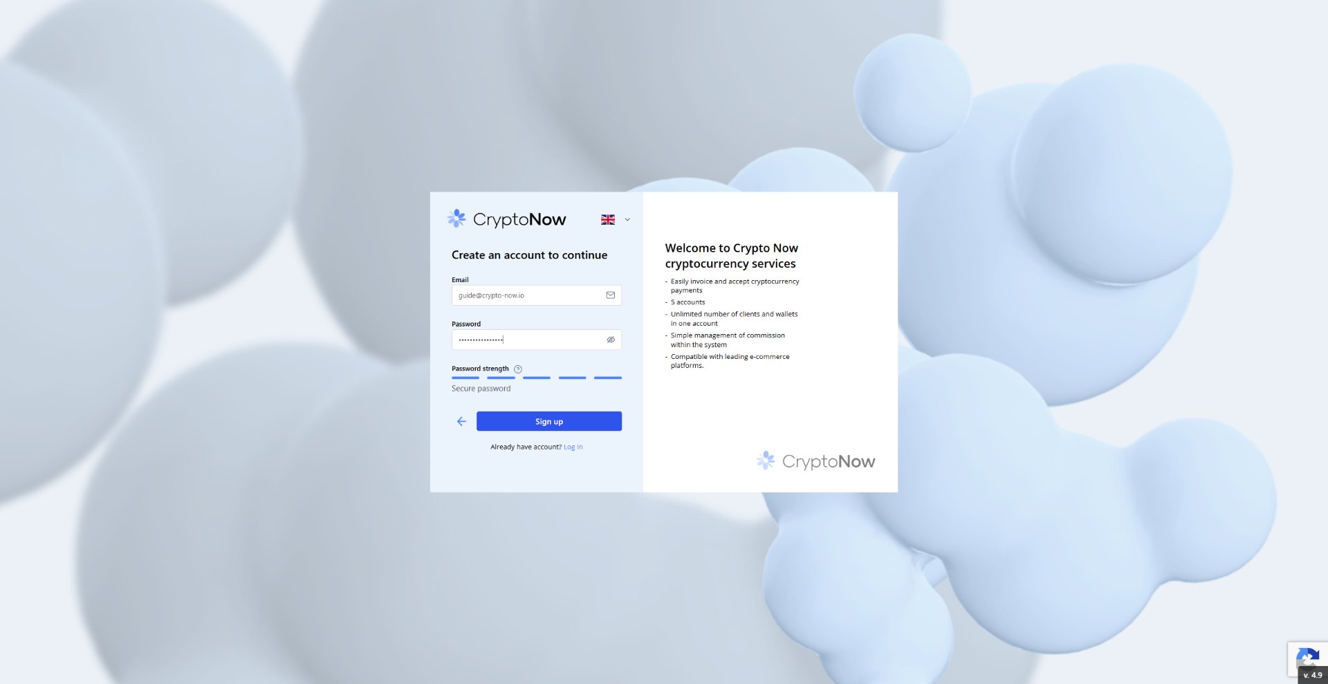 CryptoNow sign-up form with an email address entered and a secure password