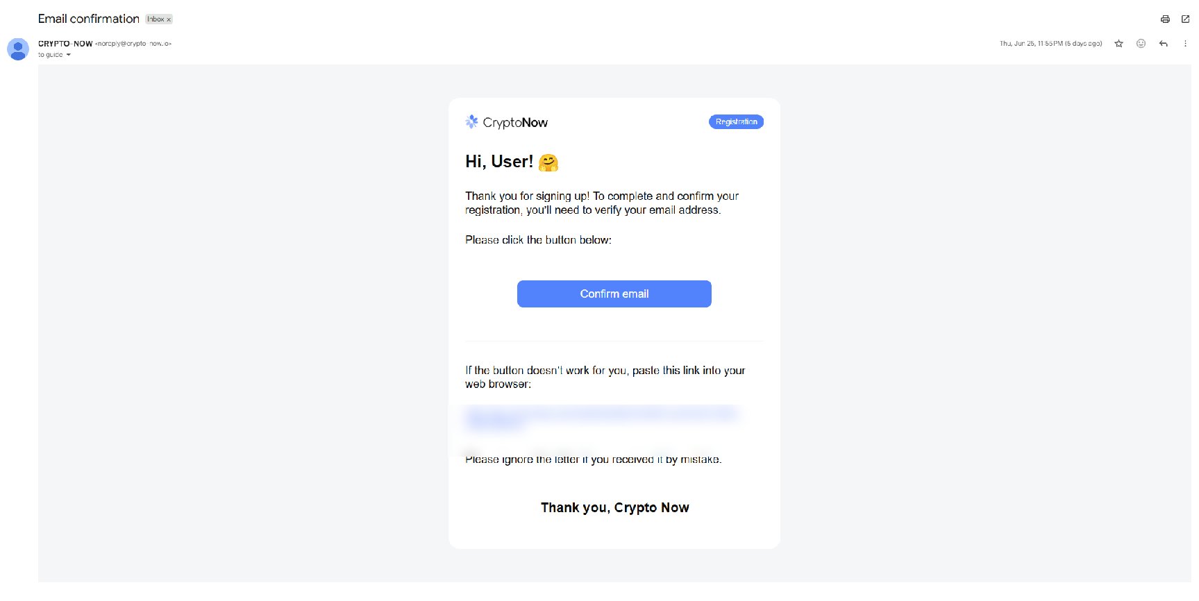 CryptoNow email confirmation message with a Confirm email button