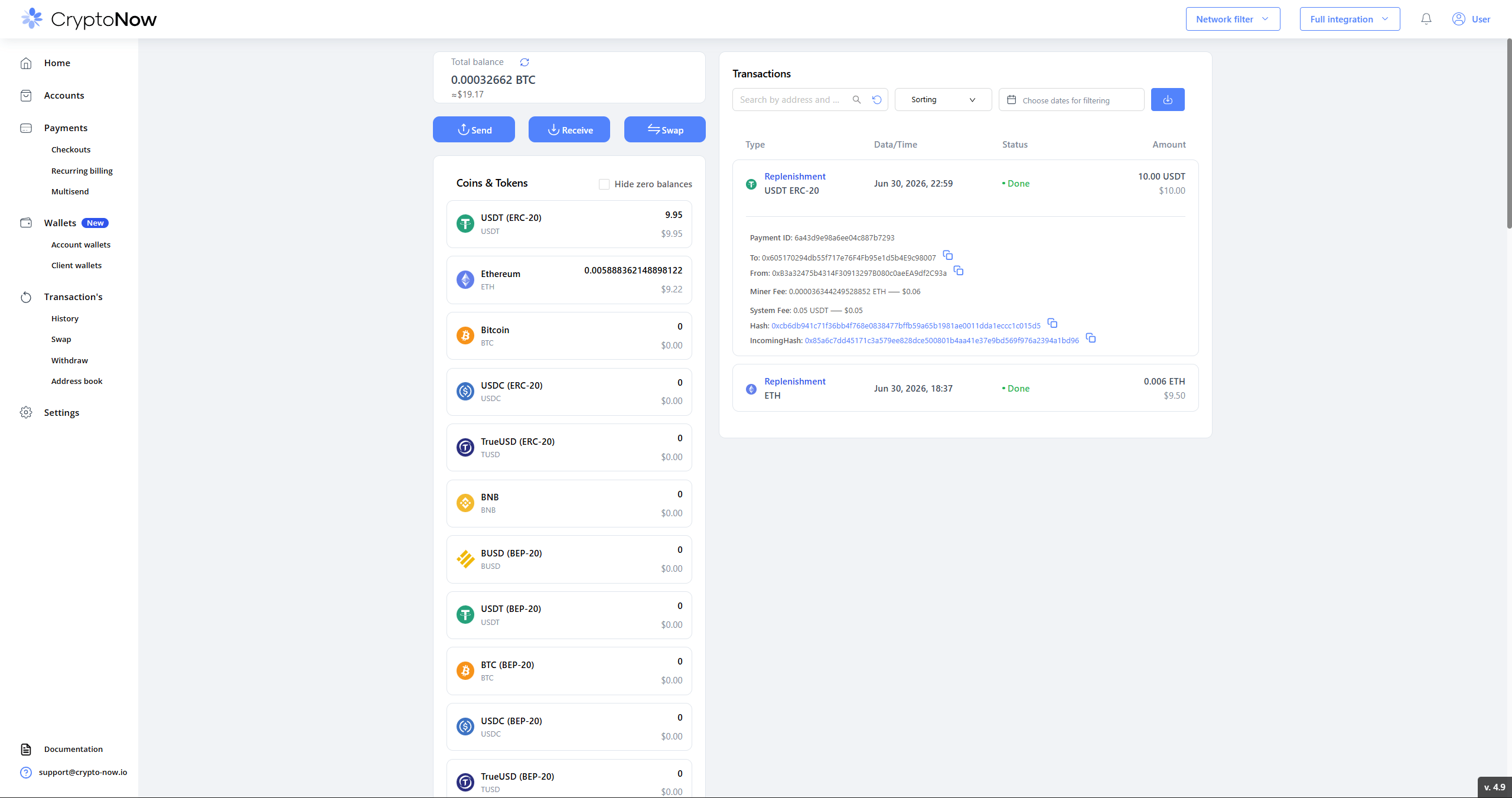 CryptoNow Home showing a USDT account wallet with a 9.95 balance and recent replenishments