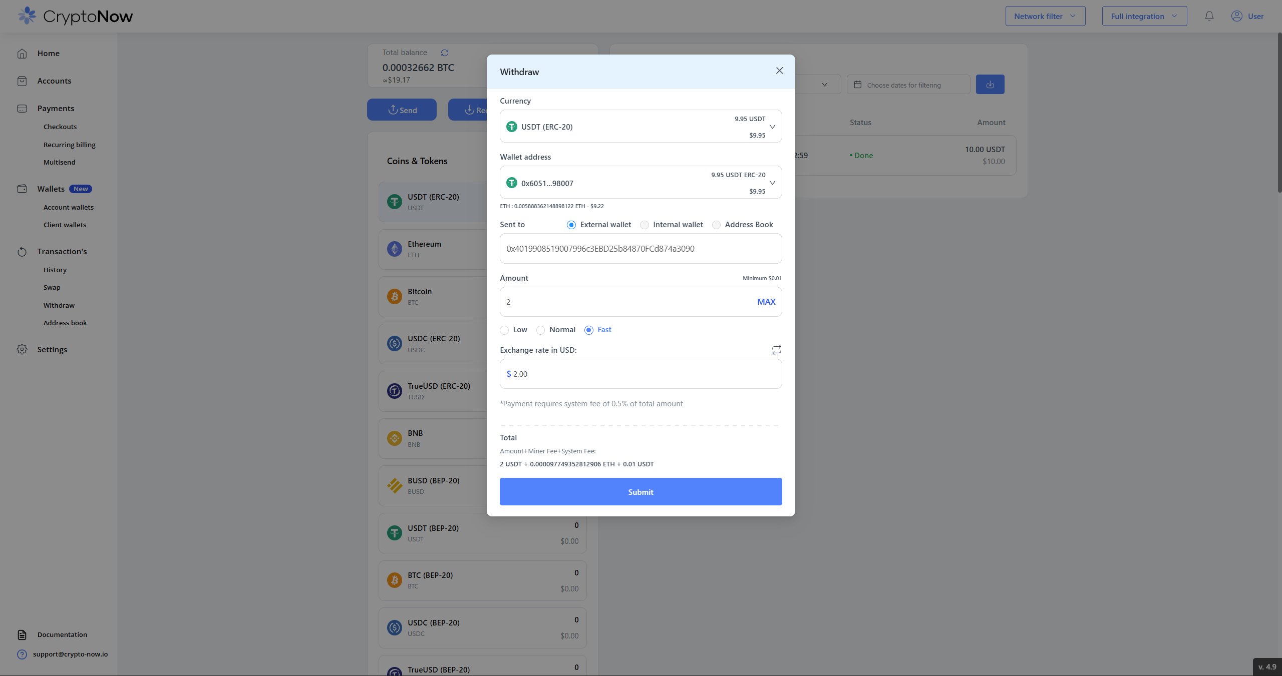 CryptoNow Withdraw dialog with currency, source wallet, external destination, amount, gas priority, and a Total of amount plus miner fee plus system fee