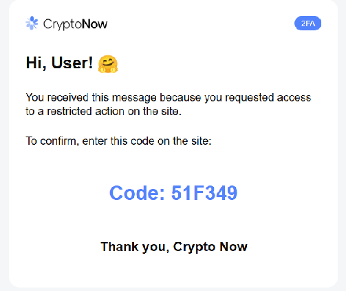 CryptoNow 2FA email containing a confirmation code