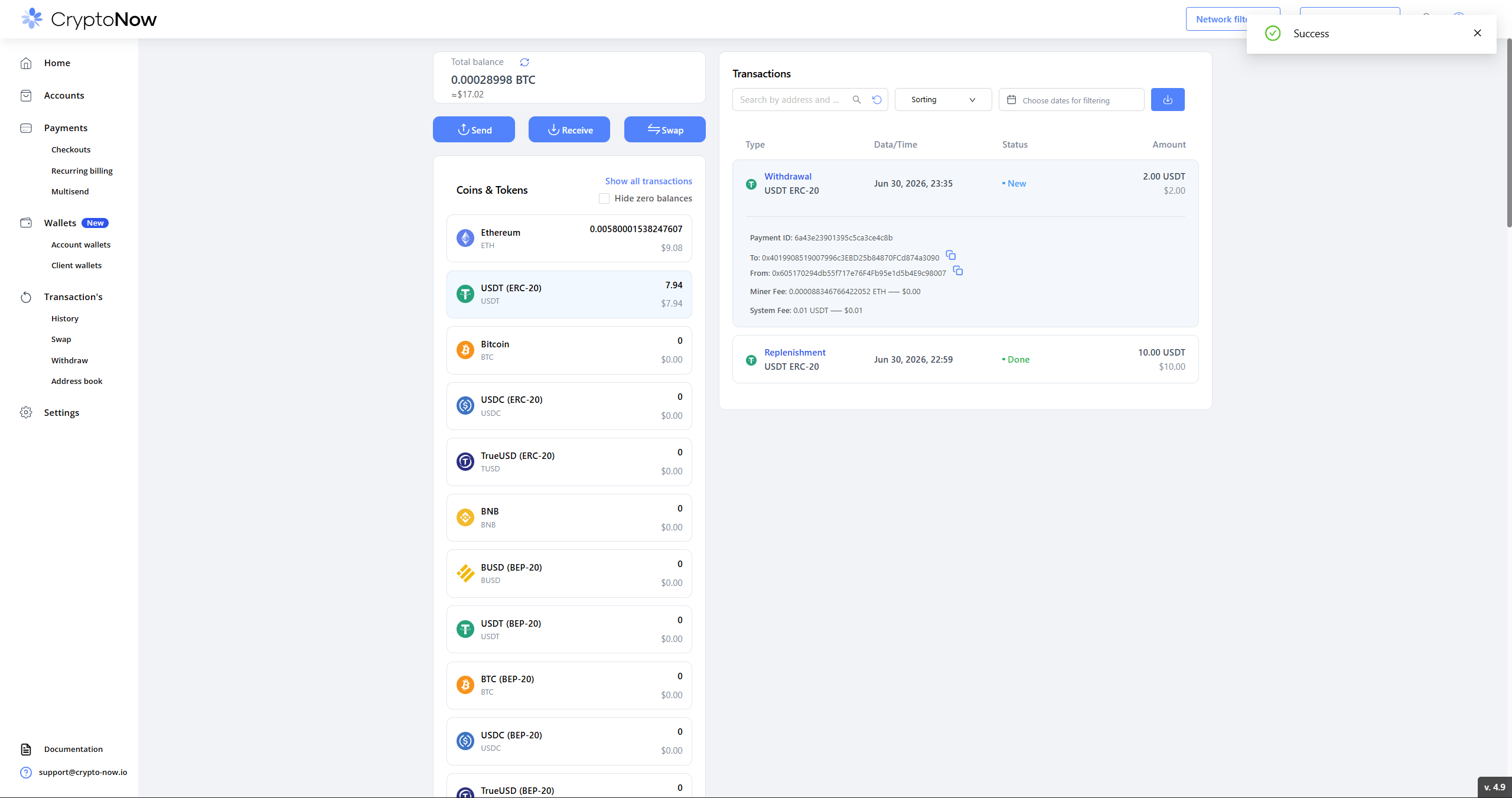 CryptoNow Home showing a completed withdrawal of 2 USDT, balance now 7.94, with miner and system fee detail