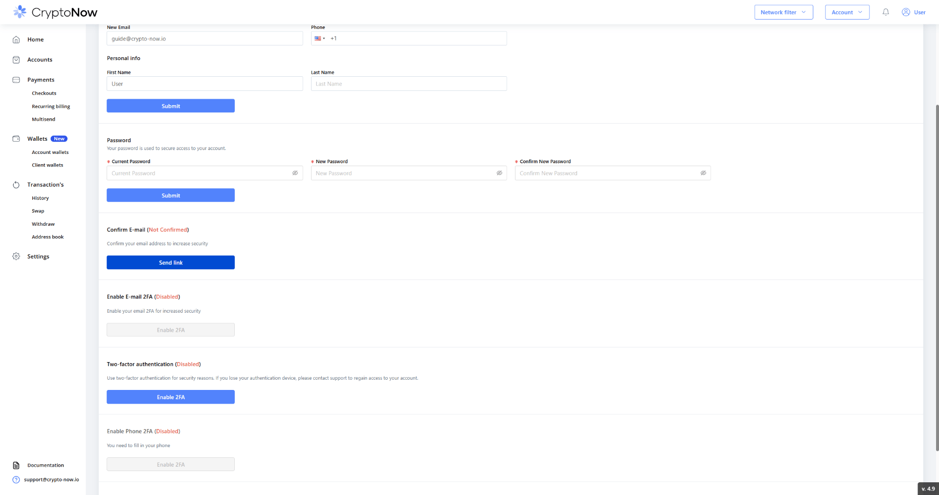 CryptoNow security settings with email 2FA and two-factor authentication disabled