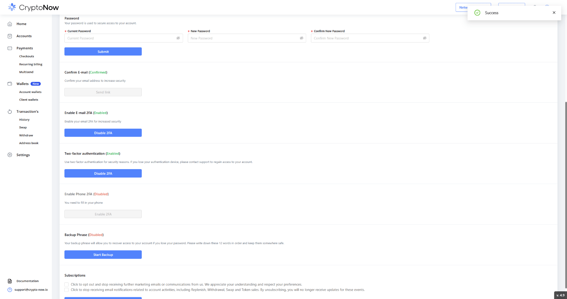 CryptoNow security settings showing email 2FA and two-factor authentication both enabled