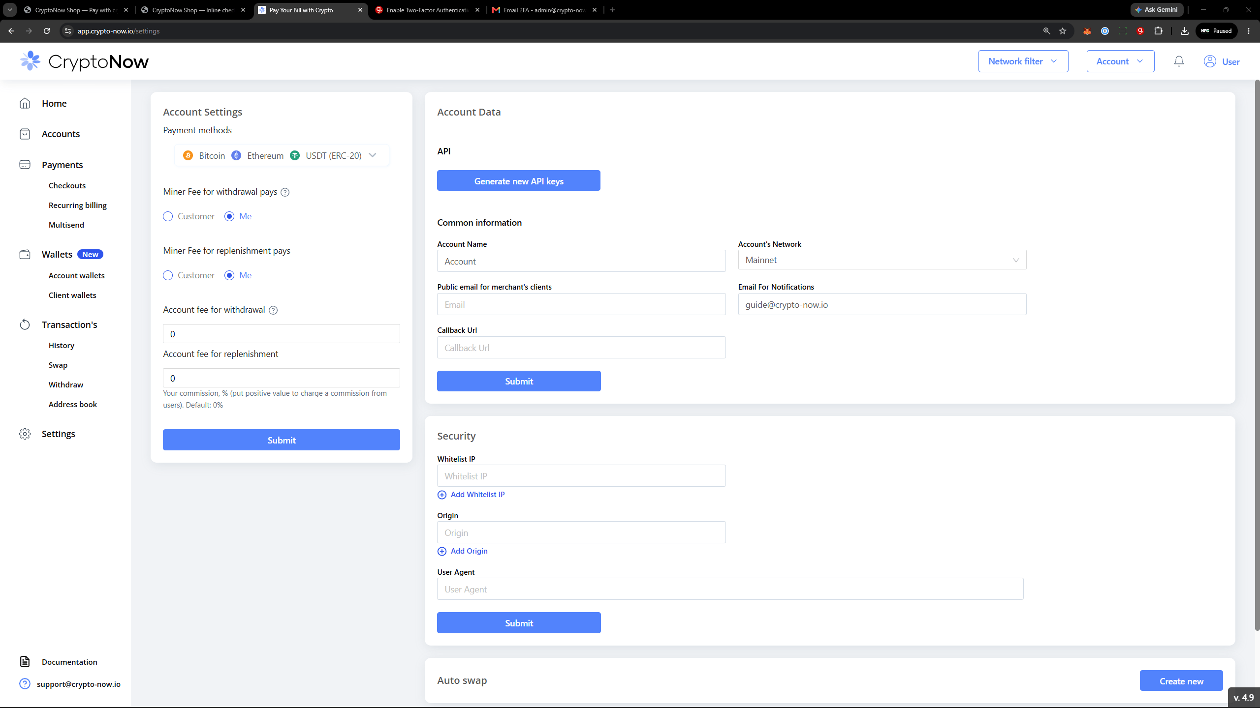 API security settings with whitelist IP, origin, and user agent fields
