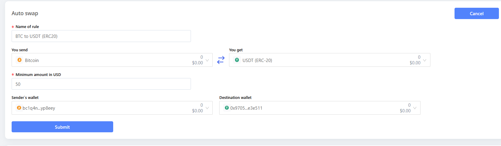 Auto swap rule form with name, you send, you get, minimum USD, sender and destination wallets