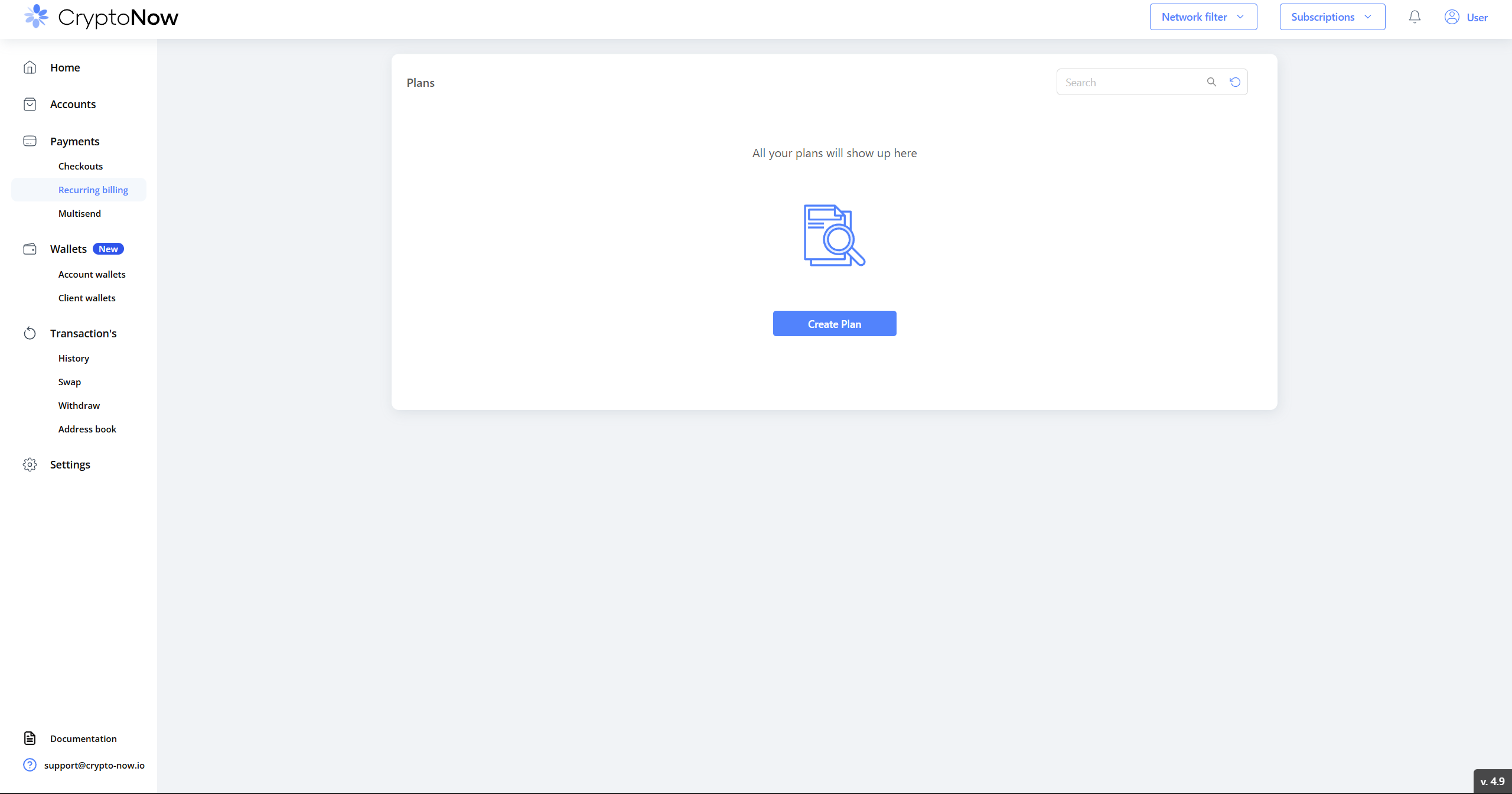 Empty Recurring billing plans list with a Create Plan button