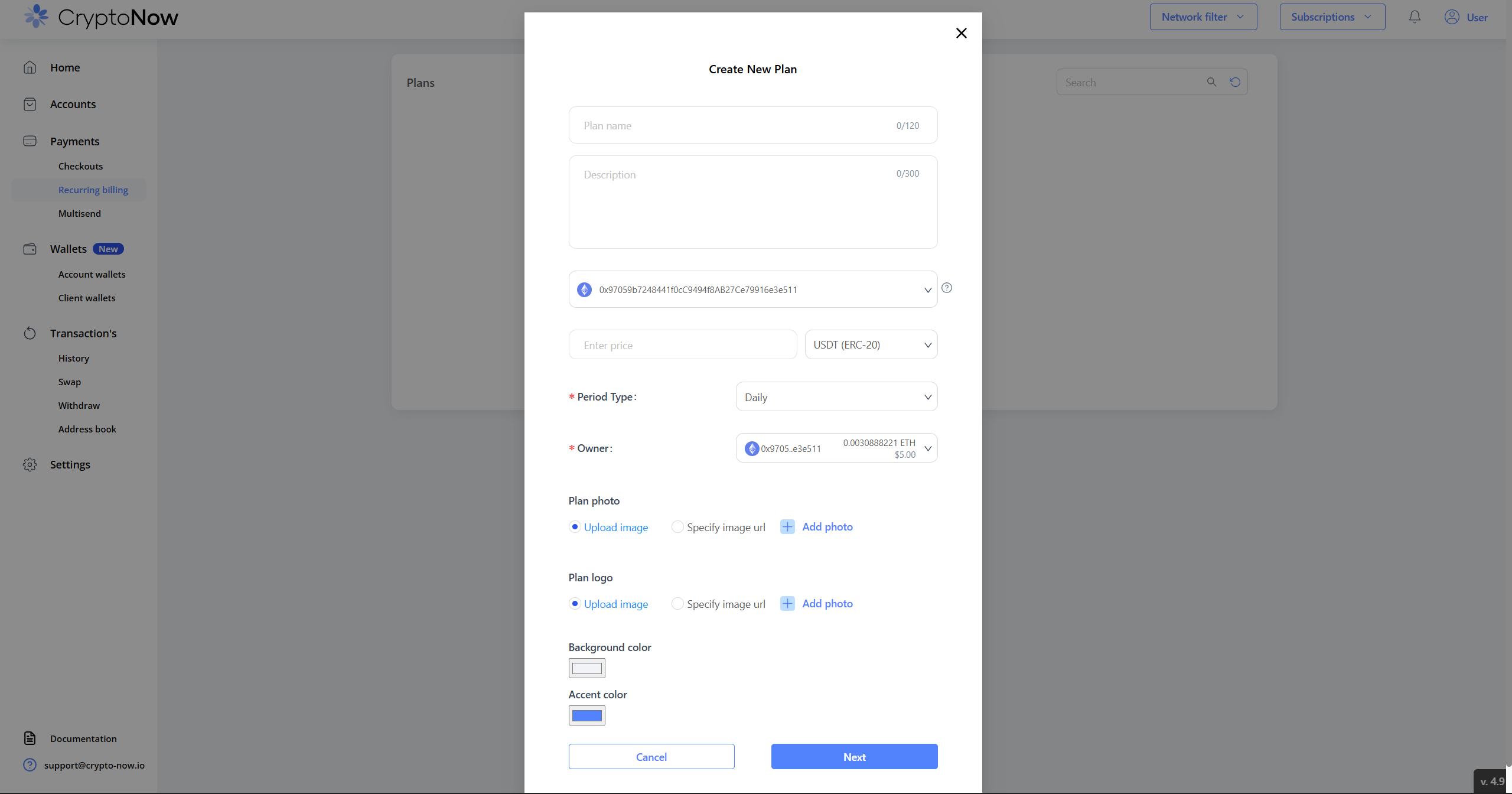 Create New Plan form with name, description, payee, price and token fields