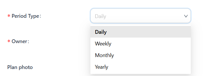 Period Type dropdown with Daily, Weekly, Monthly and Yearly