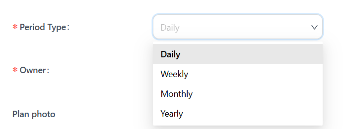 Period Type dropdown with Daily, Weekly, Monthly and Yearly