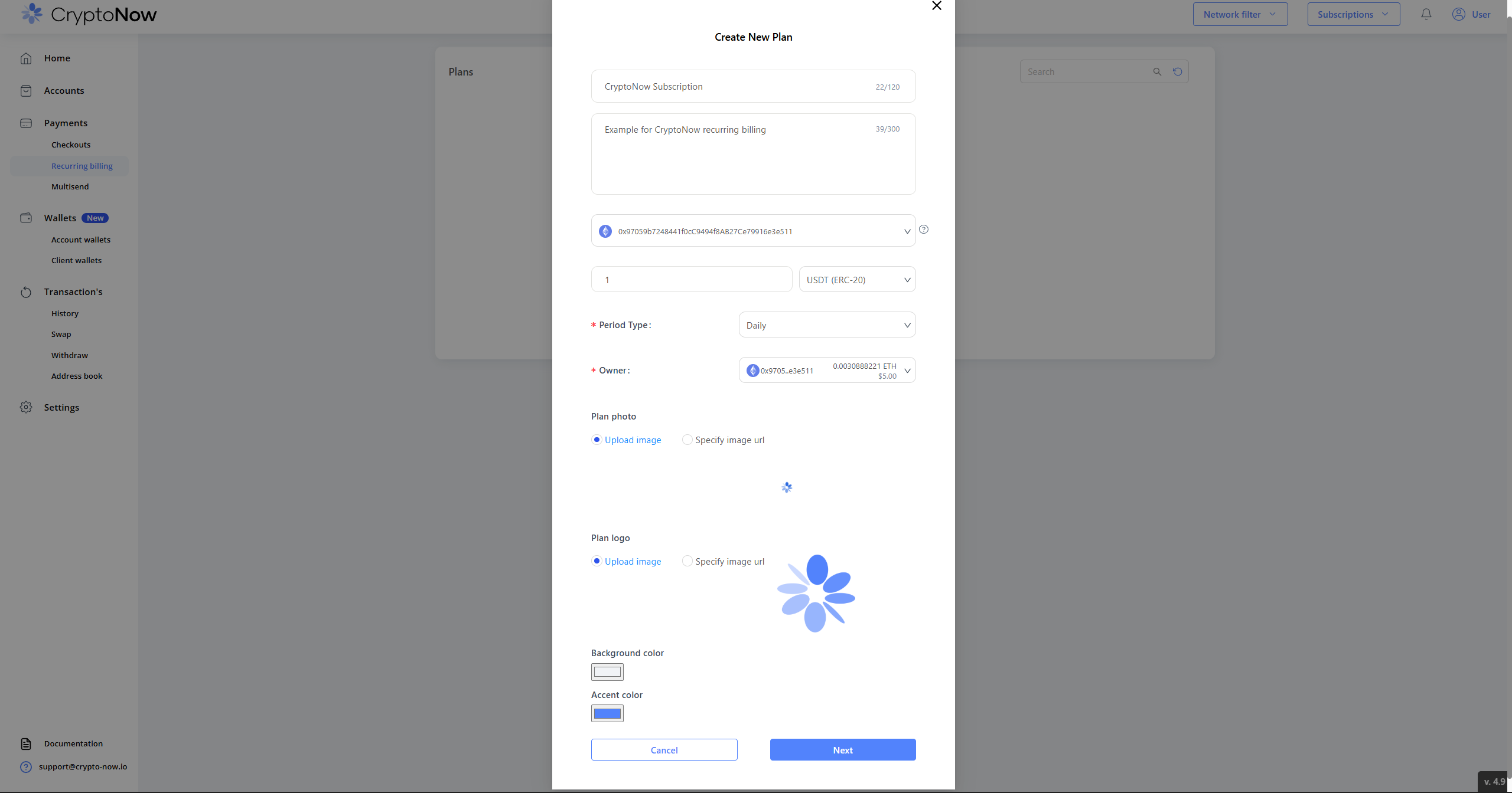 Filled-in Create New Plan form with price, period and owner selected