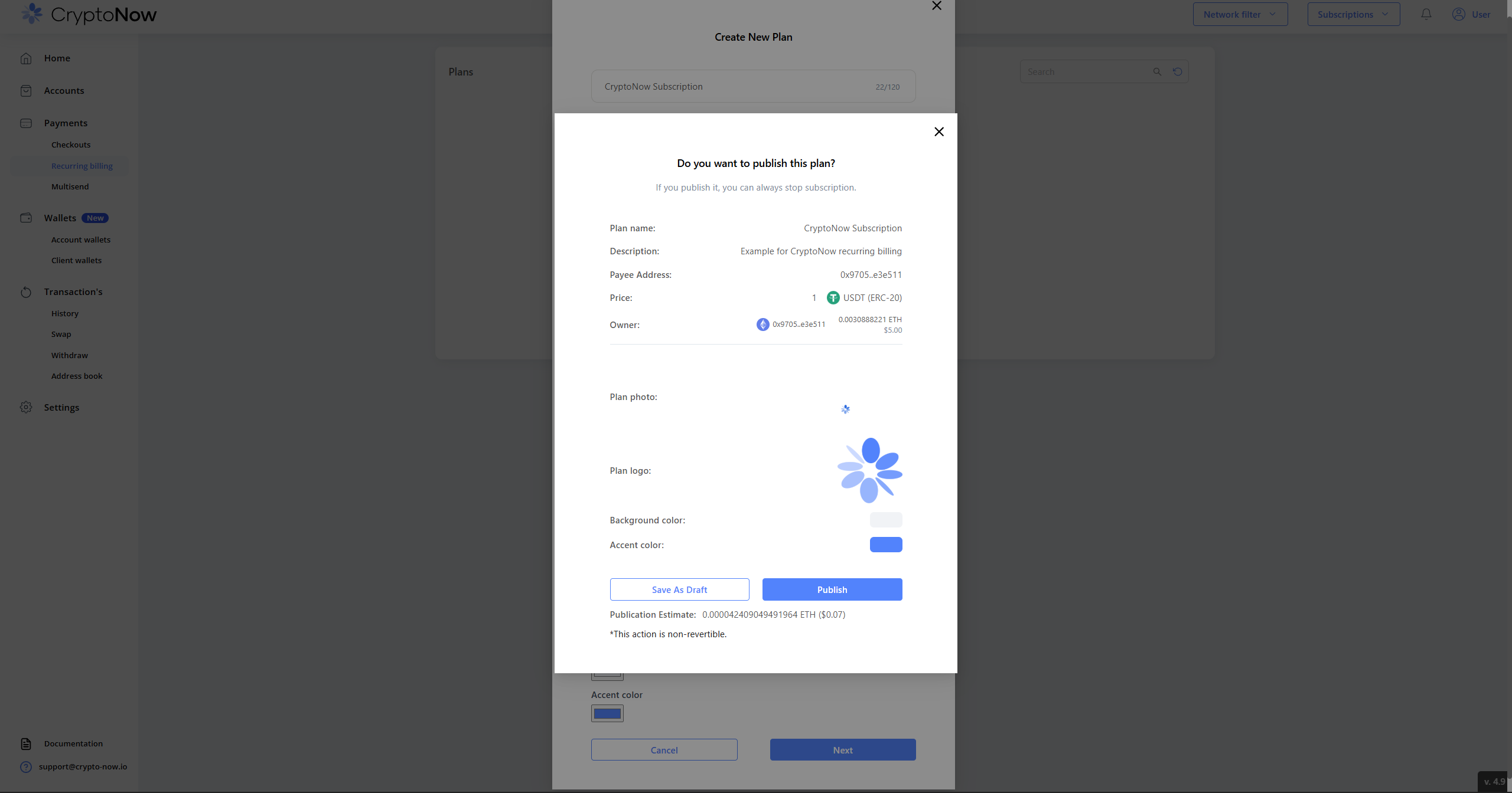 Publish confirmation showing plan summary, publication estimate and Publish button