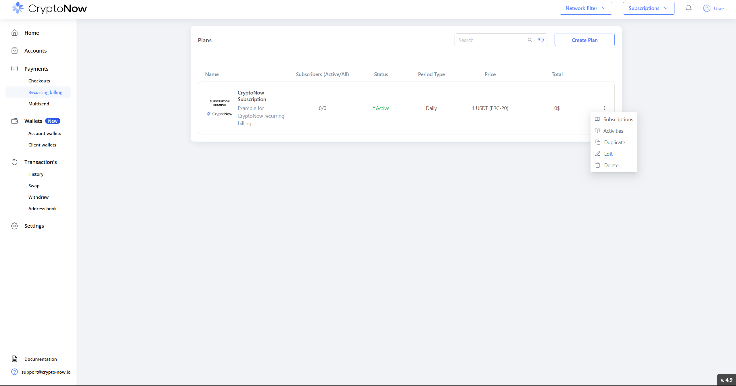 Plan row actions menu: Subscriptions, Activities, Duplicate, Edit, Delete