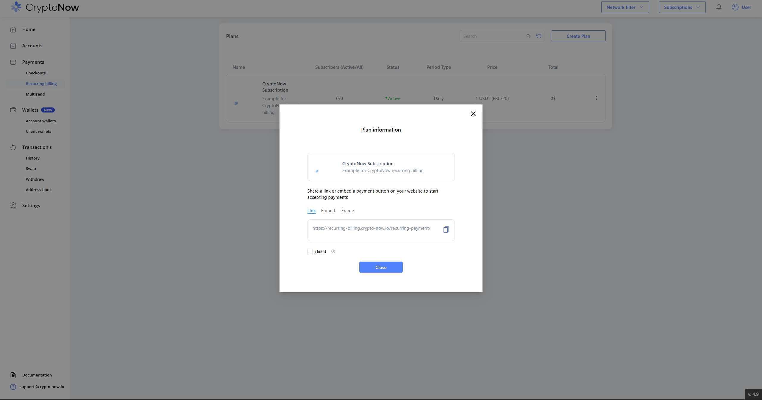 Plan information dialog on the Link tab with a copyable subscribe URL
