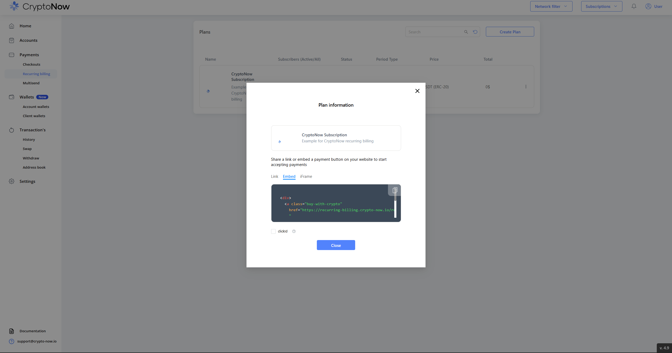 Plan information dialog on the Embed tab showing button HTML
