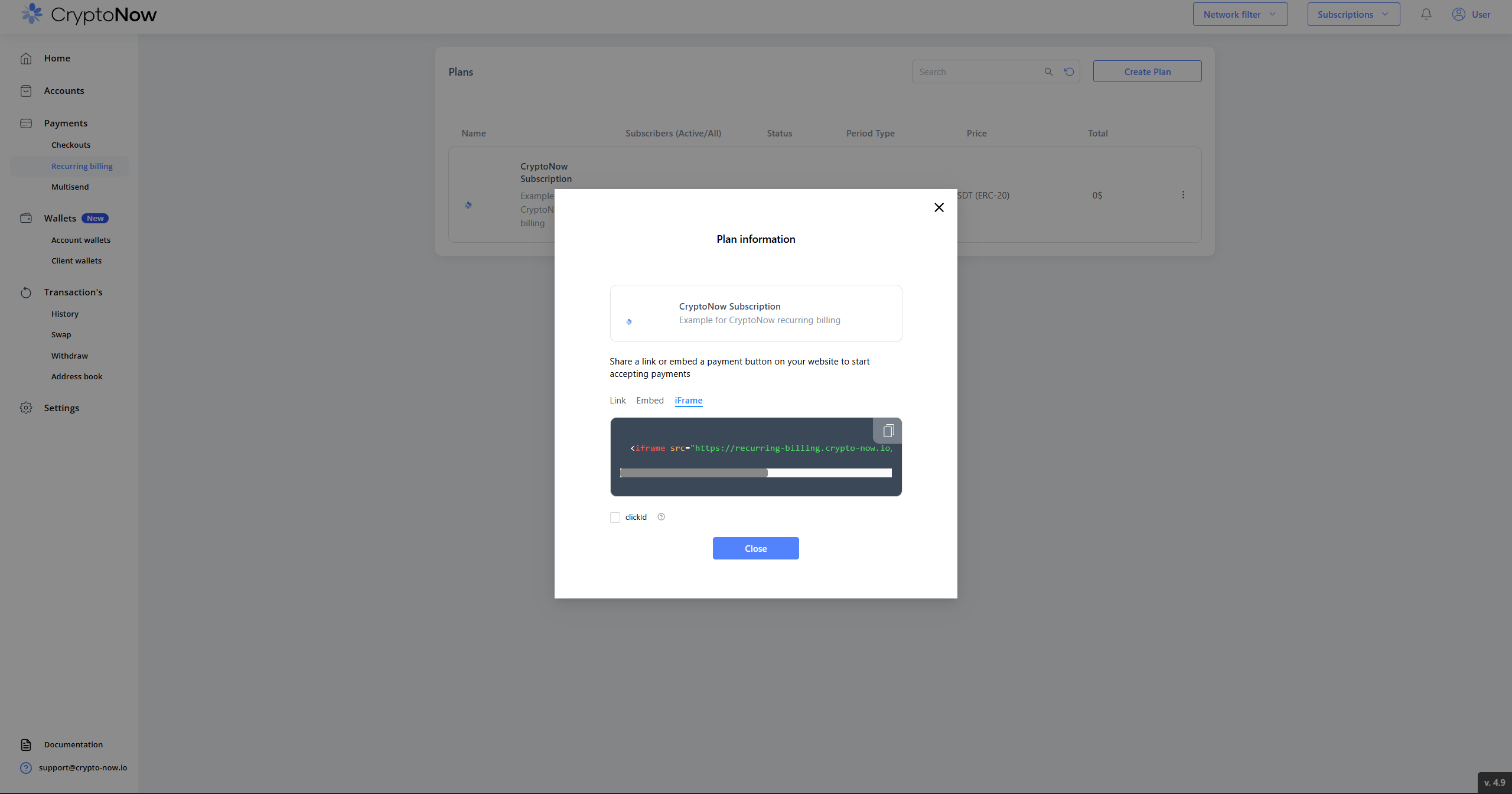 Plan information dialog on the iFrame tab showing iframe HTML