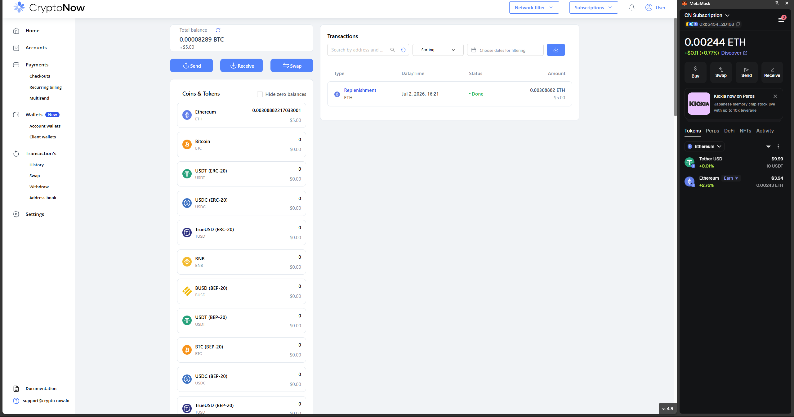 Hosted CryptoNow subscribe page with One time / Recurring options, name and email fields, and Connect wallet