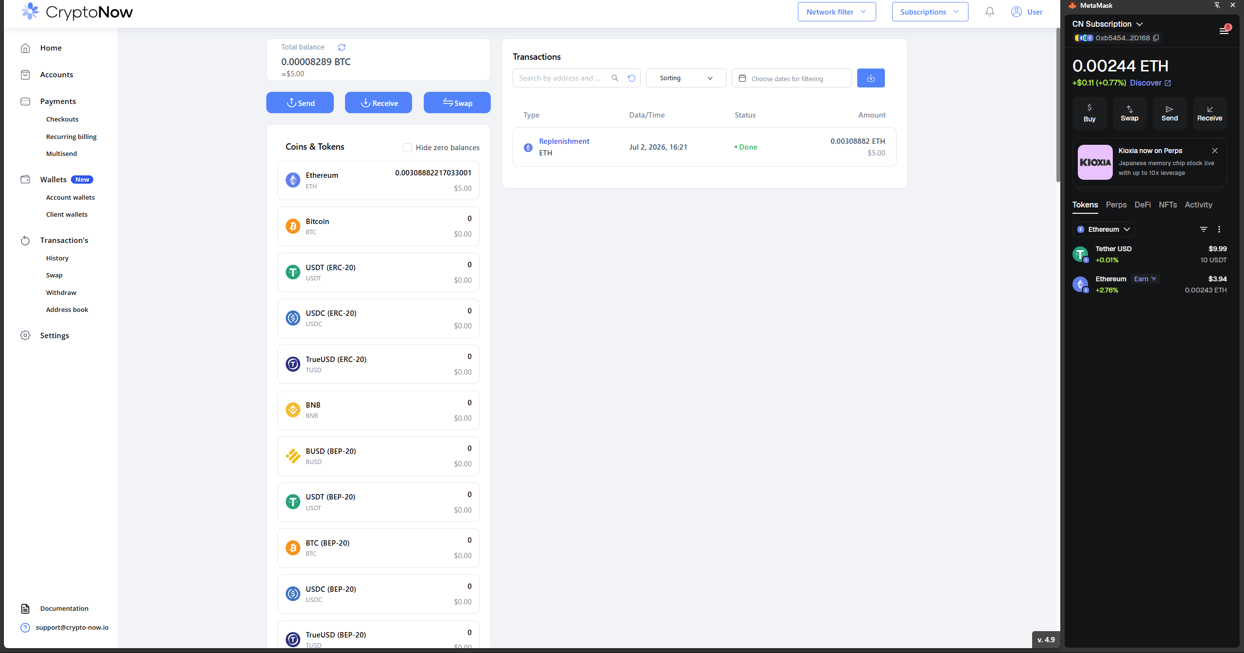 Hosted CryptoNow subscribe page with One time / Recurring options, name and email fields, and Connect wallet