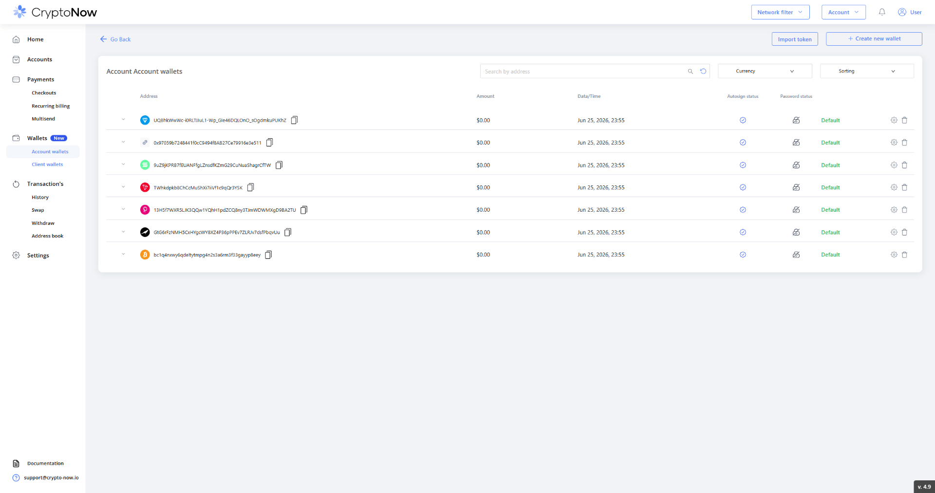 CryptoNow account wallets list showing one wallet per network