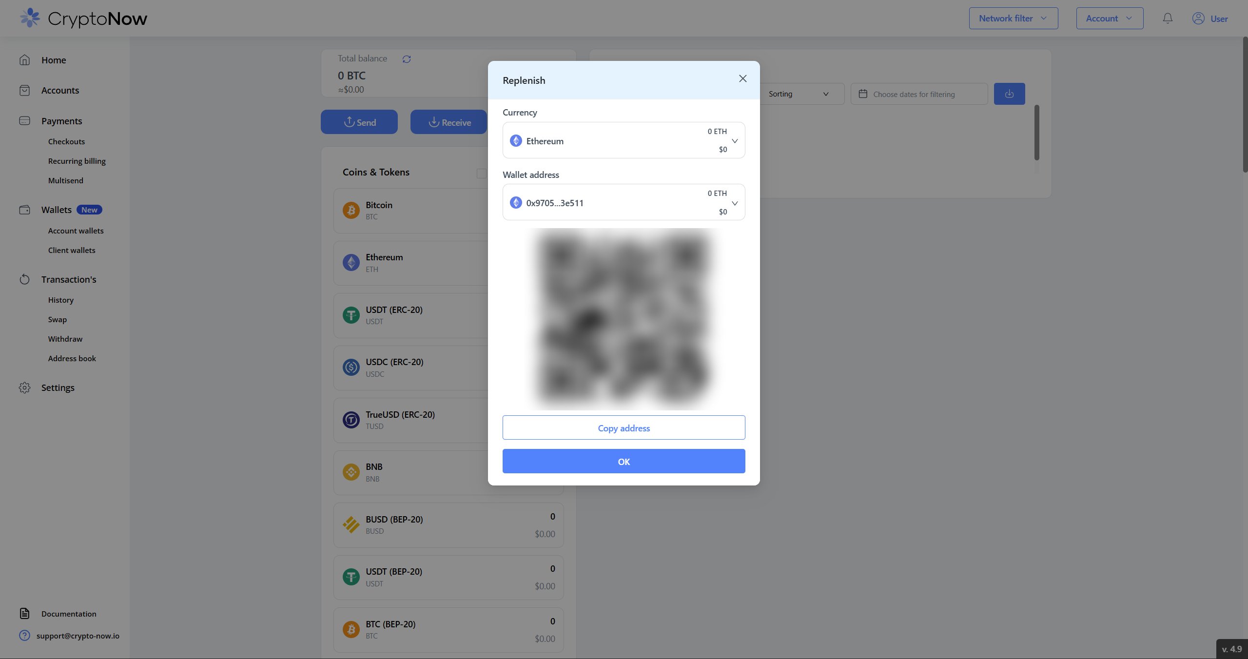 Receive dialog with a wallet address and QR code for funding gas