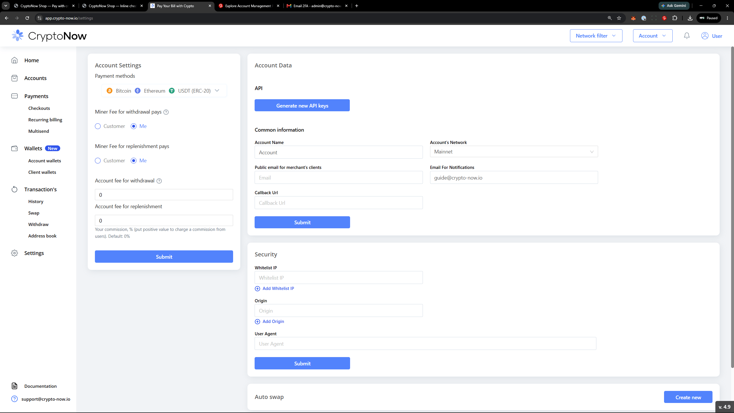 Account settings showing miner fee payer toggles and account fee fields