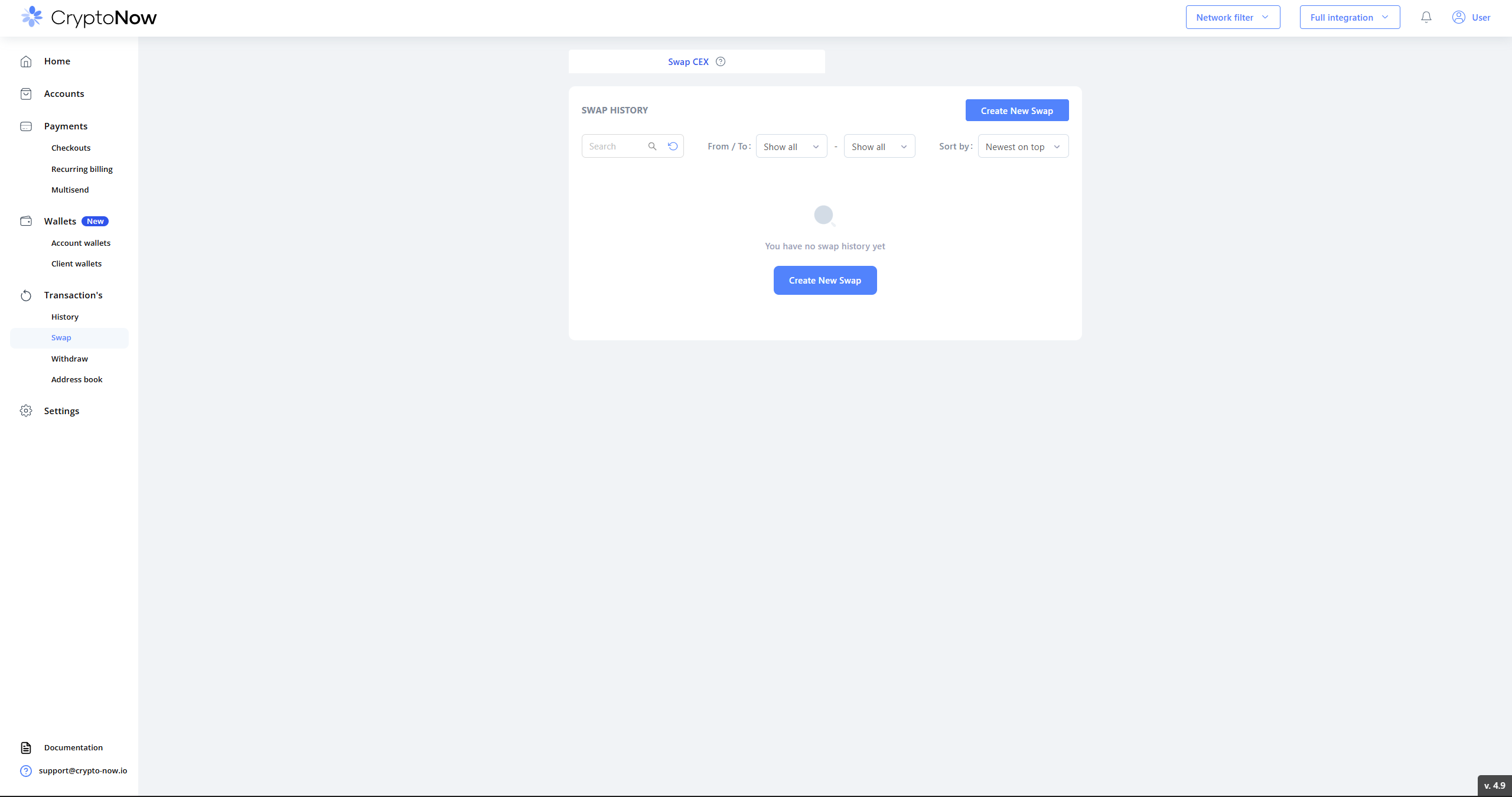 Swap history page with Create New Swap button