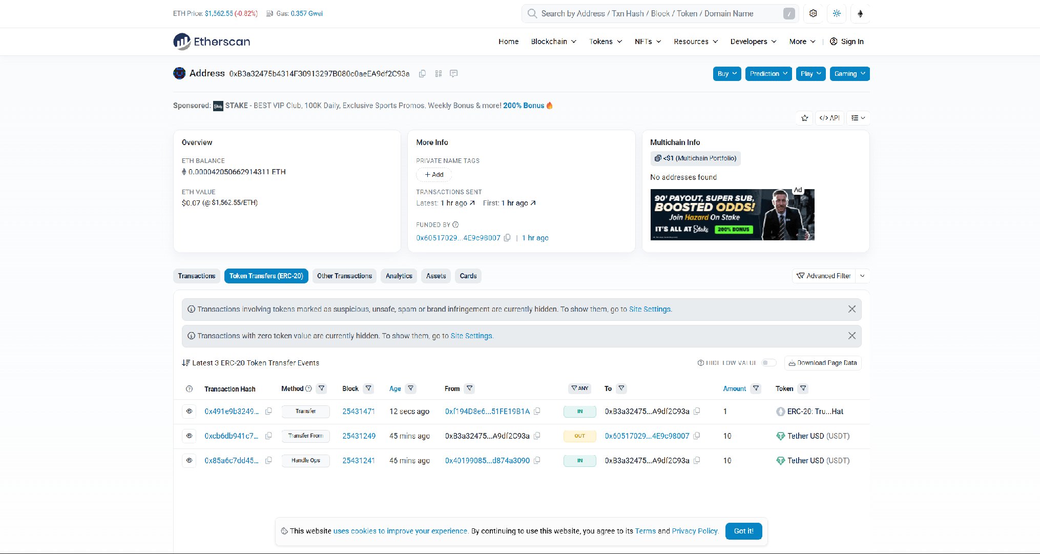 Etherscan showing an unrecognised token transferred into a CryptoNow client wallet