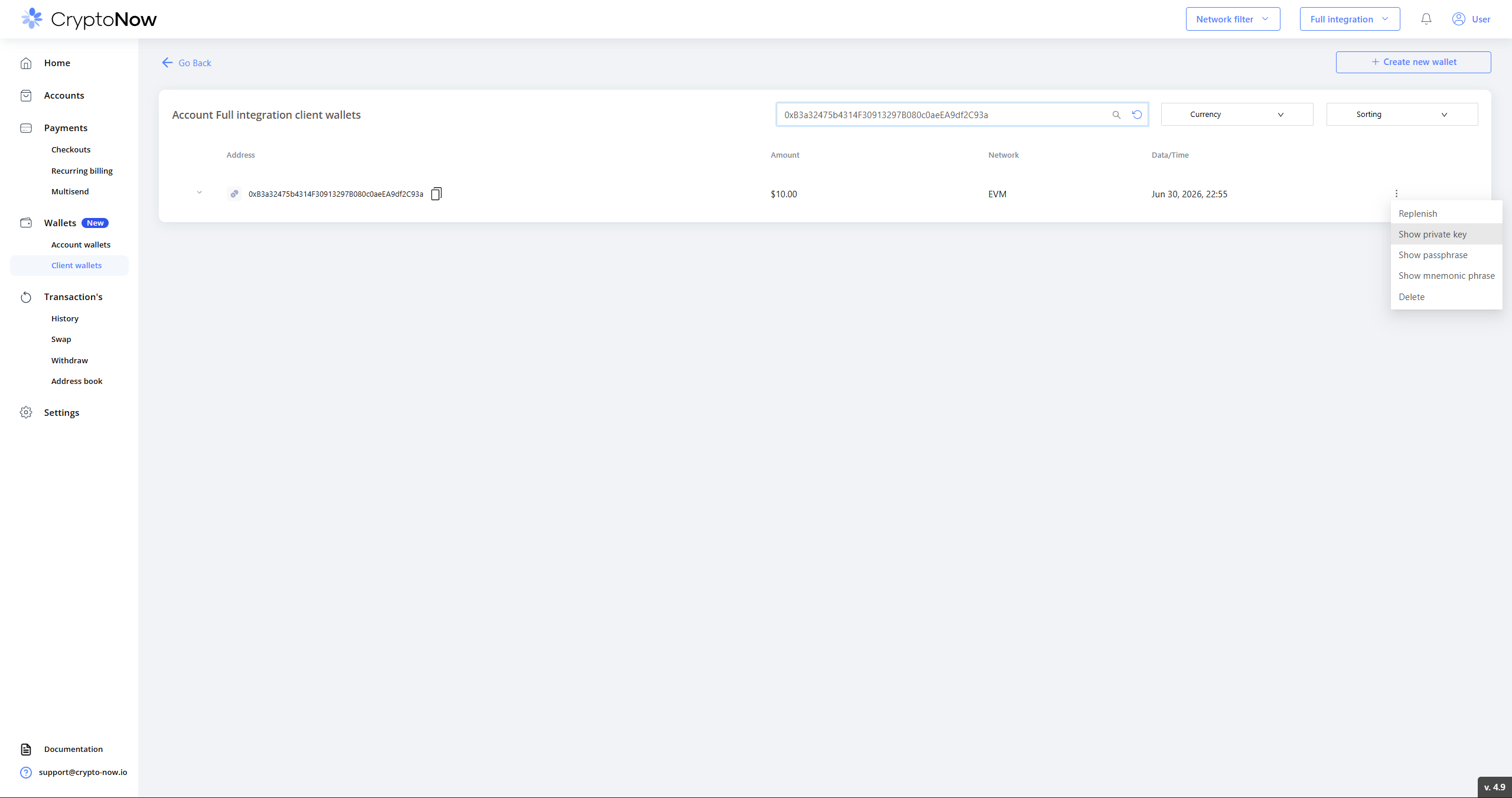 CryptoNow client wallet row with the actions menu open on Show private key
