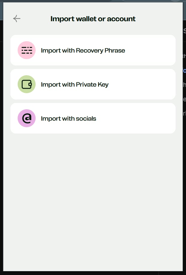 External wallet import menu with Import with Private Key option