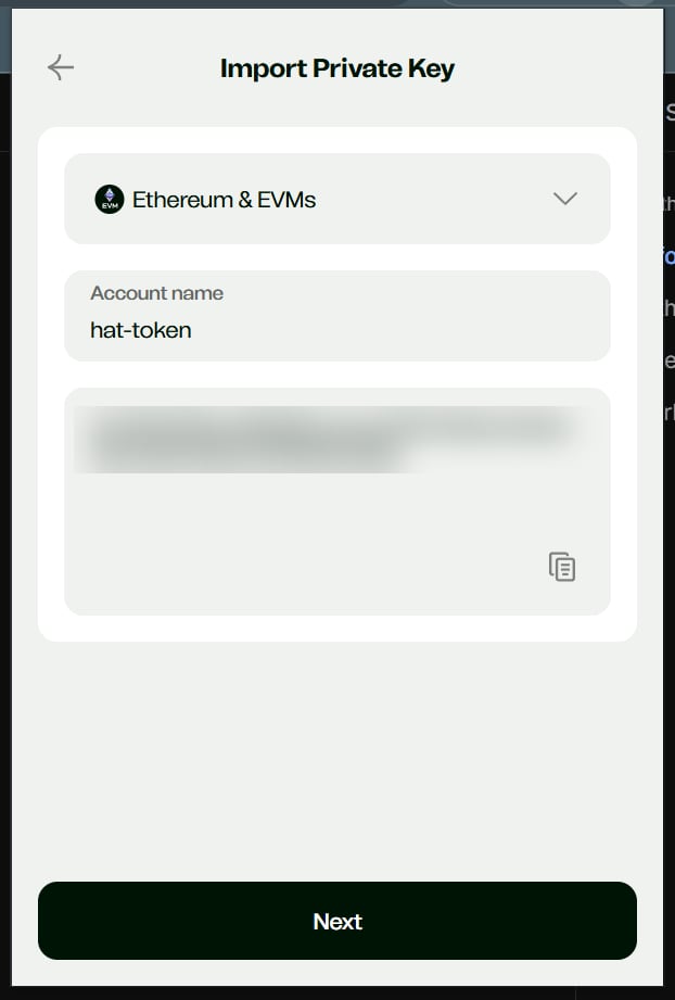External wallet Import Private Key screen with network, account name, and key field