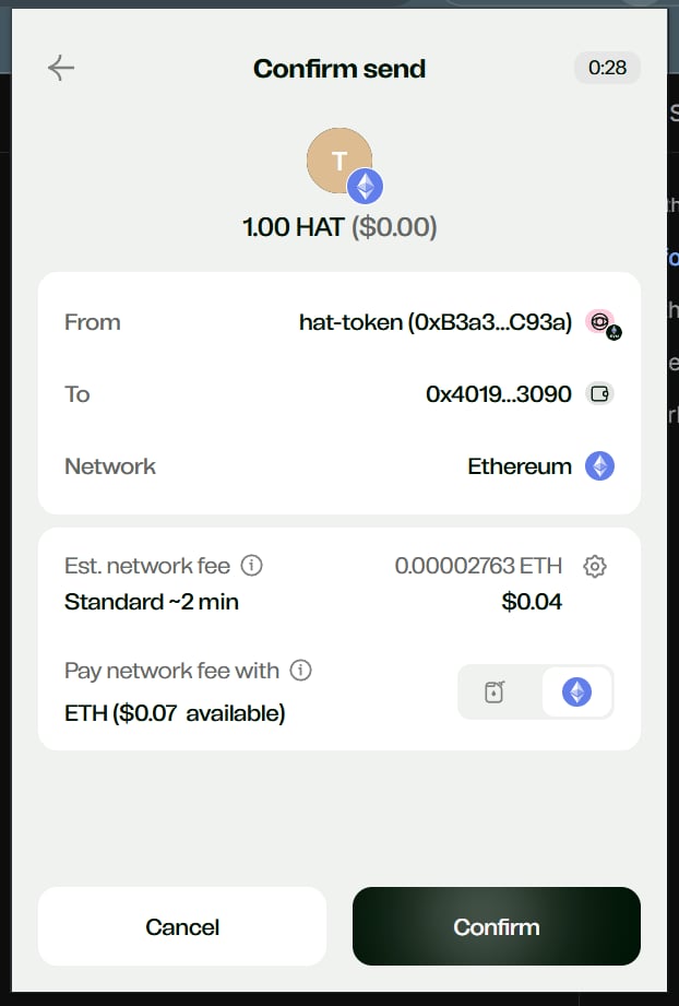 External wallet confirm-send screen showing from, to, network, and estimated network fee