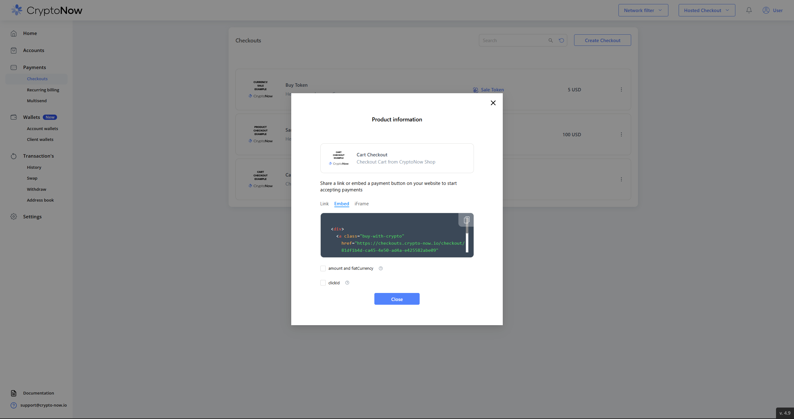Product information modal with Link, Embed and iFrame tabs and the embed snippet