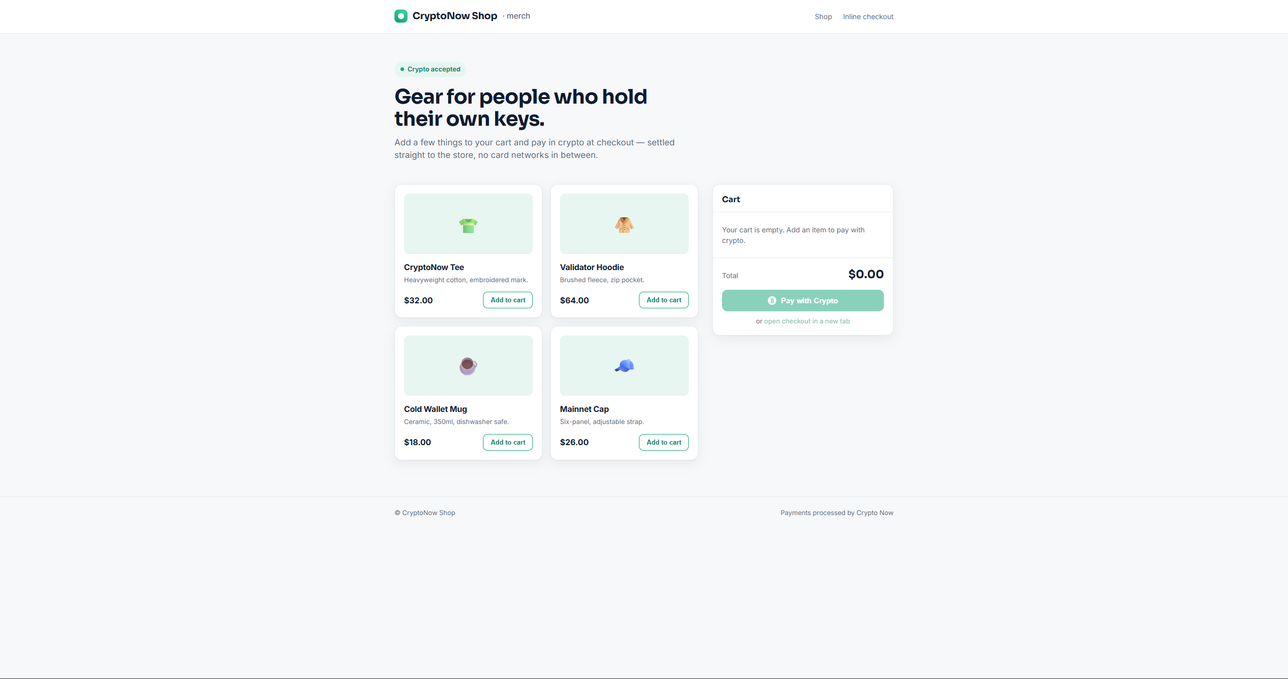 Merchant storefront with a Pay with Crypto button