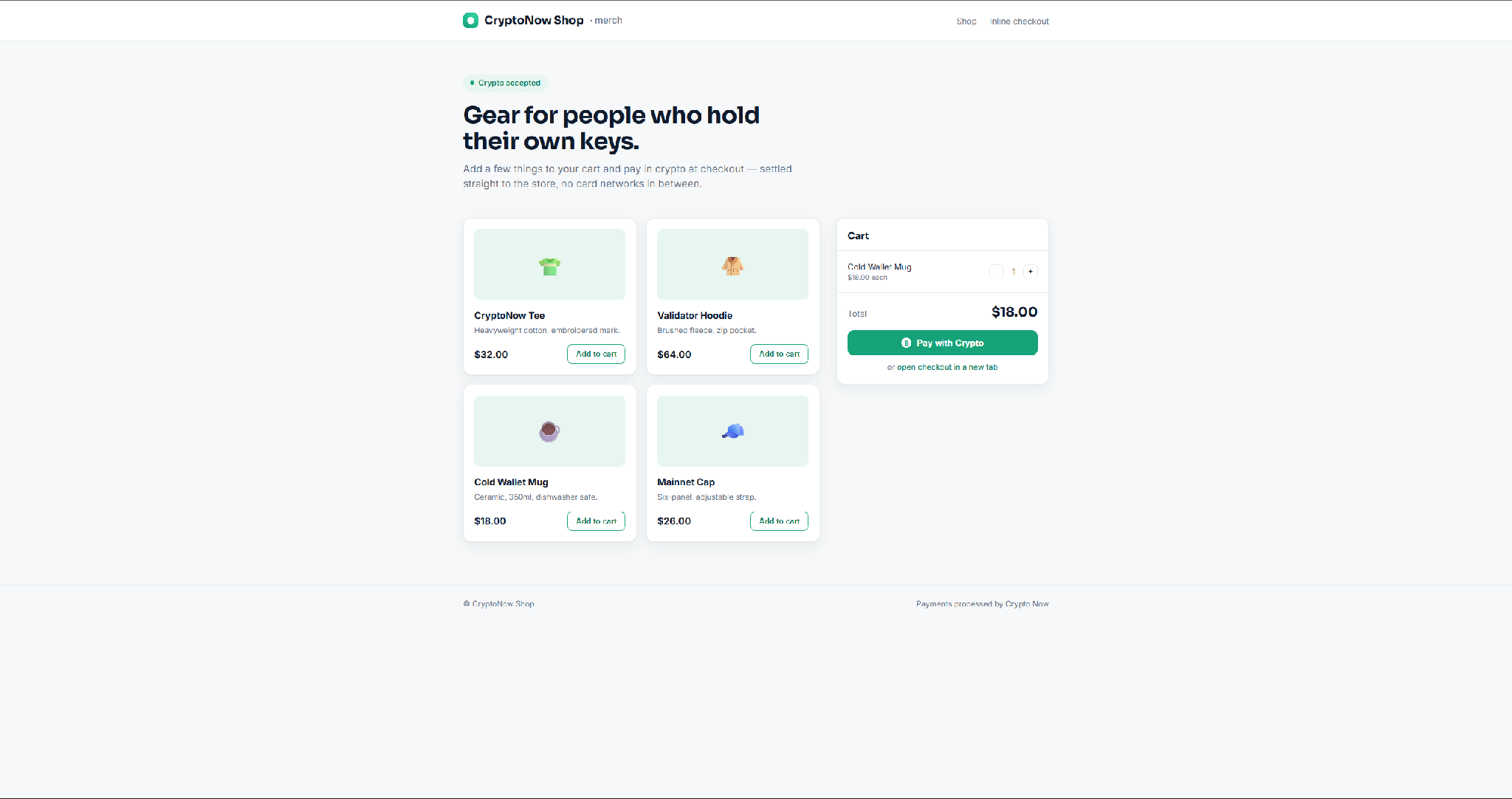 Cart with an item and the Pay with Crypto button enabled