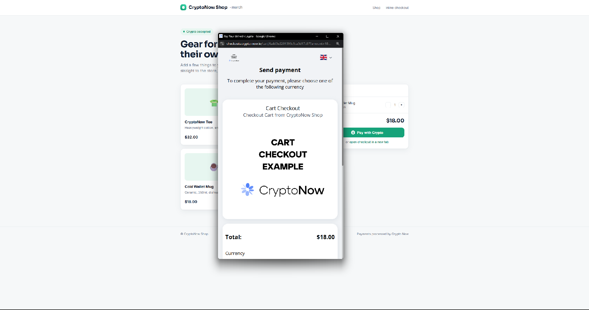 CryptoNow payment widget opening with the order total