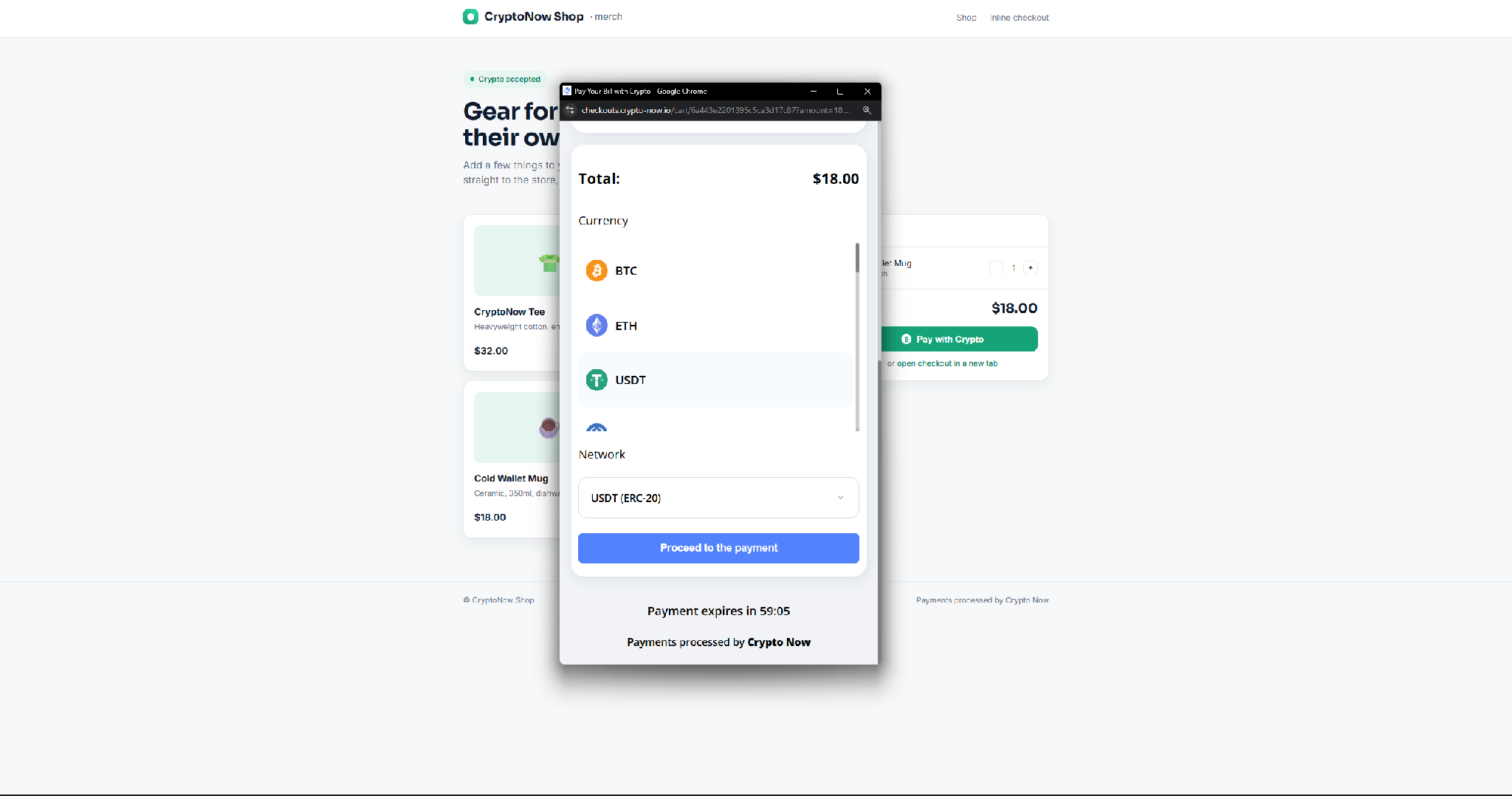 Currency and network selection in the widget
