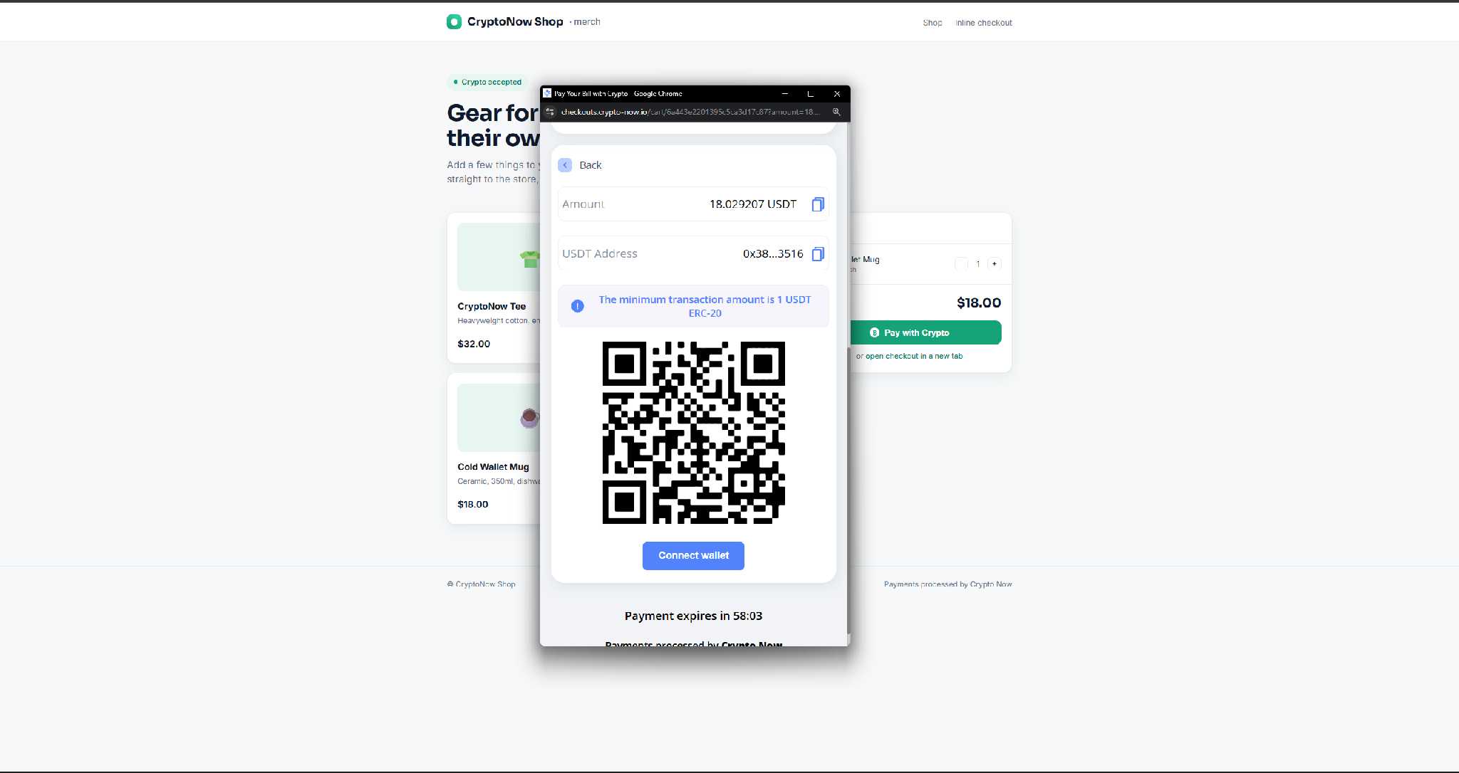 Payment screen with amount, address and QR code