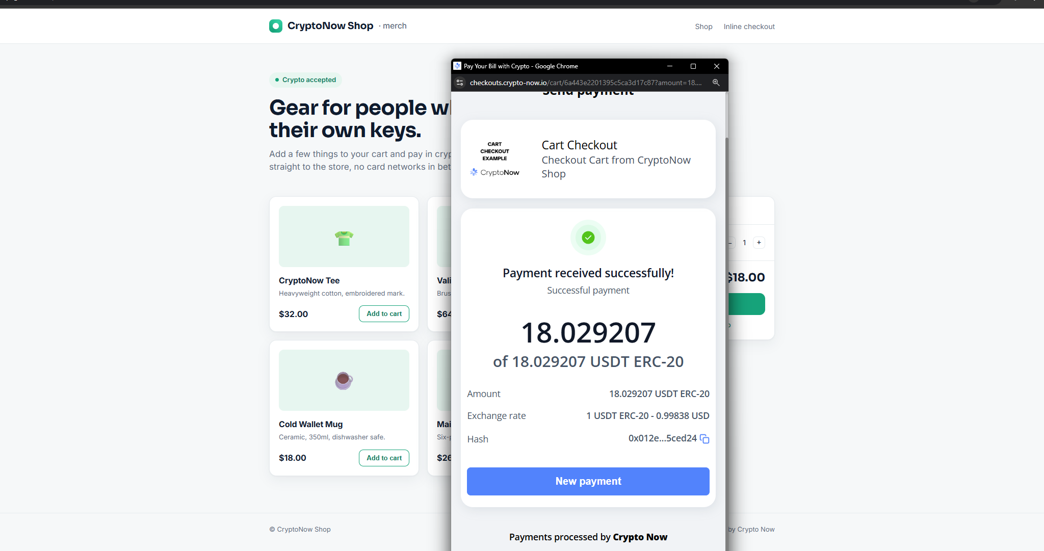 Payment received successfully screen with amount and hash