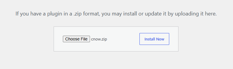 WordPress Upload Plugin screen with cnow.zip selected