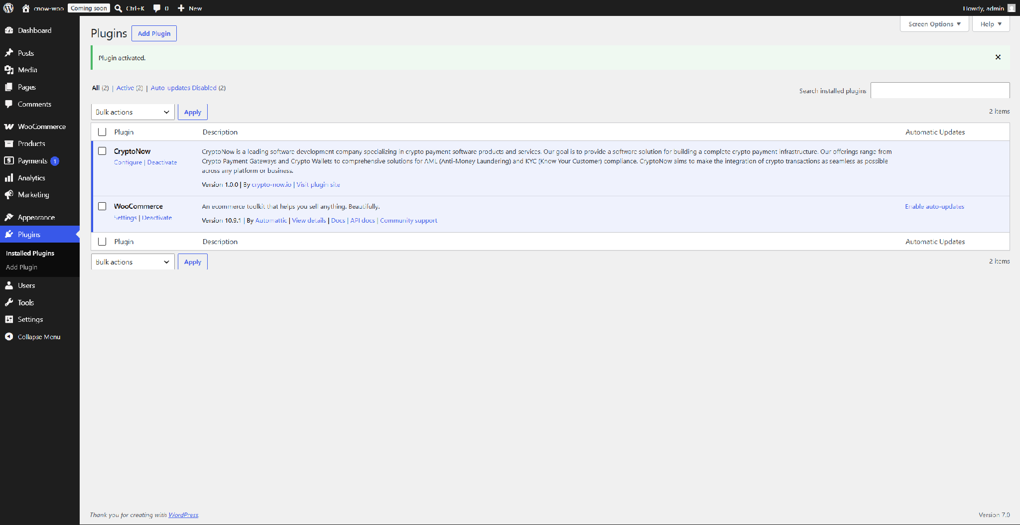 CryptoNow plugin active in the WordPress plugins list