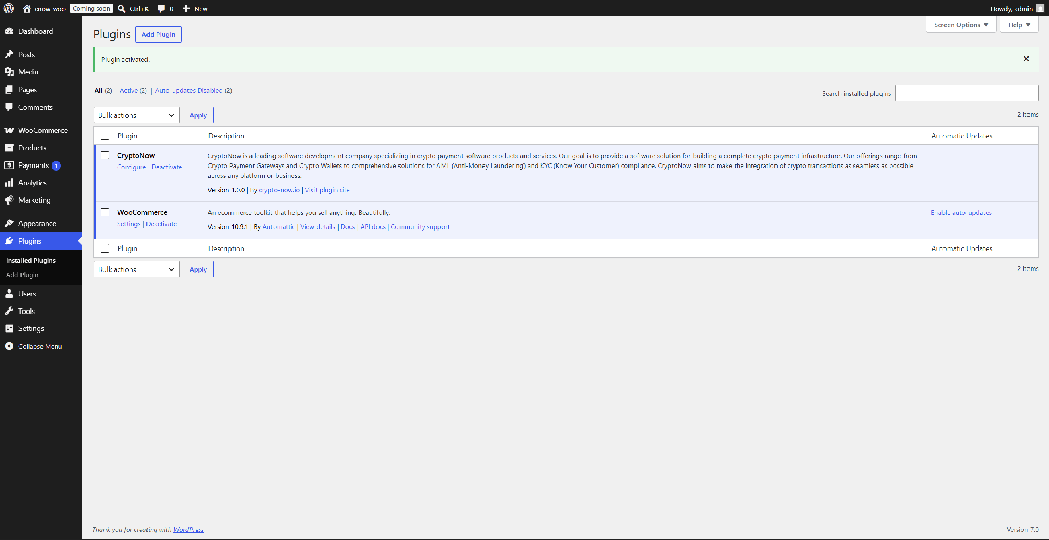 CryptoNow plugin active in the WordPress plugins list
