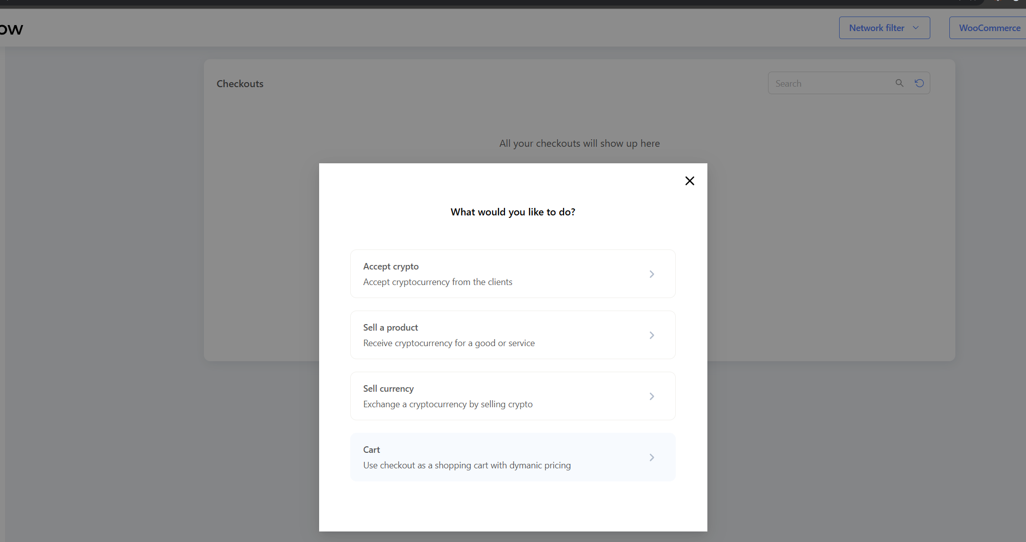 CryptoNow create checkout dialog with the Cart option