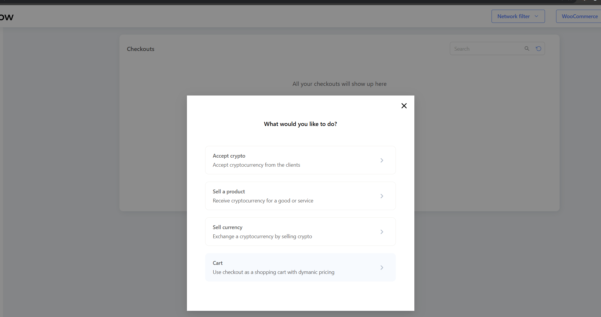 CryptoNow create checkout dialog with the Cart option